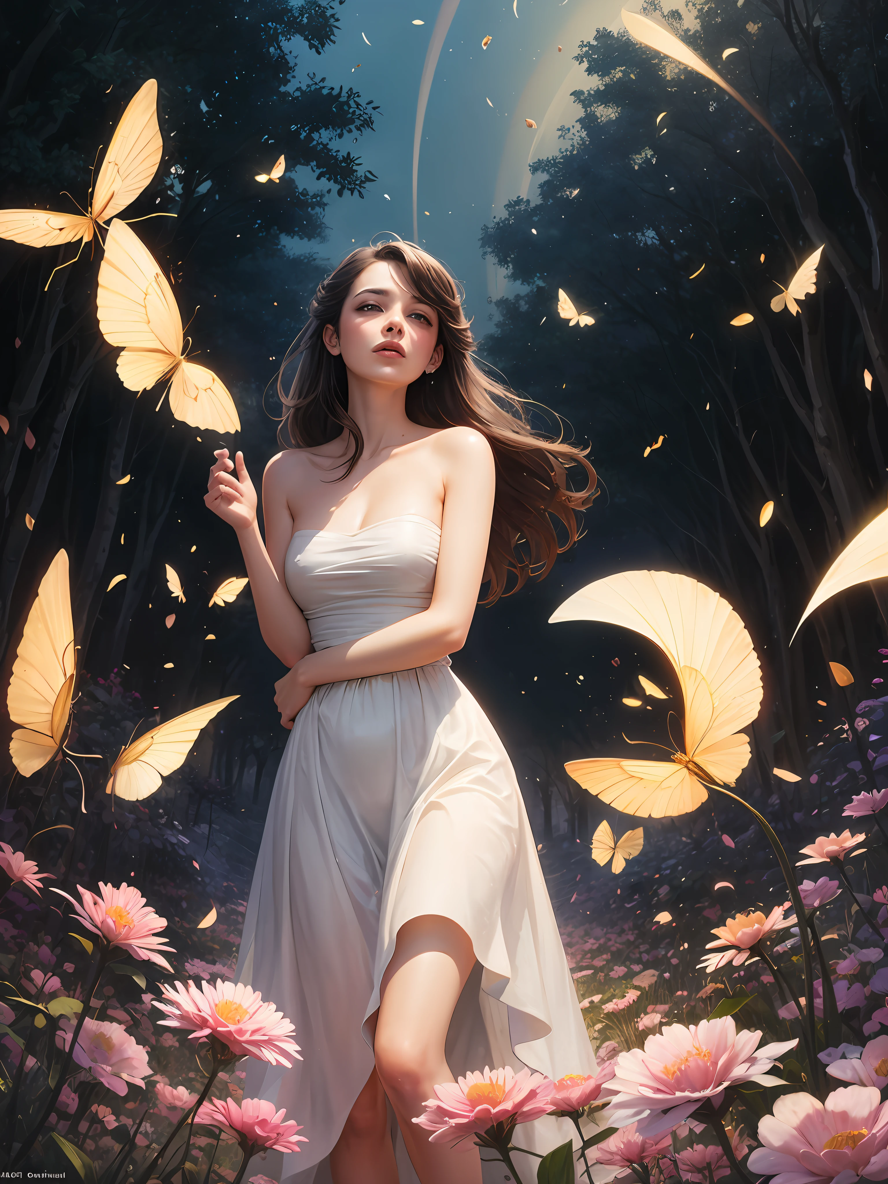 1girl, solo, full body, (masterpiece:1.21), (best quality:1.2), colorful, (illustration:1.2), (cinematic lighting:1.1), (bare shoulders:1.21), (collarbone:1.21) in this whimsical A beautiful and dreamlike garden, the scene is illuminated by a rainbow (colorful fireflies) dancing in the air. Pastel (drizzle) adorns the garden, creating a hazy and ethereal atmosphere. In the center of the picture, stands a single girl, an extremely beautiful girl, with lovely facial features and an innocent expression. Her long hair fluttered in the wind. She wore a low-cut strapless dress that accentuated her curves. The lighting is very delicate and beautiful, creating a soft warm glow that accentuates the water and makes it sparkle like a diamond. The finest grasses are also illuminated to create a lush carpet. The garden is surrounded by colorful flower fields with flowers of all colors and shapes. Various colors and sizes (coloured butterflies) can be seen flying around the scene, adding to the overall sense of wonder and magic. (Everyone, judges), a blush can be seen on the bridge of the nose, and the mouth is slightly opened, which adds to the overall sense of innocence and youth. Falling petals can be seen waving around her, adding to the overall sense of romance and beauty. The breeze is blowing, the leaves are rustling, and the flowers are swaying, adding to the overall dynamism and vitality. It is a scene of pure wonder and magic, full of color and beauty, where the viewer can lose themselves in this enchanting and captivating world.
