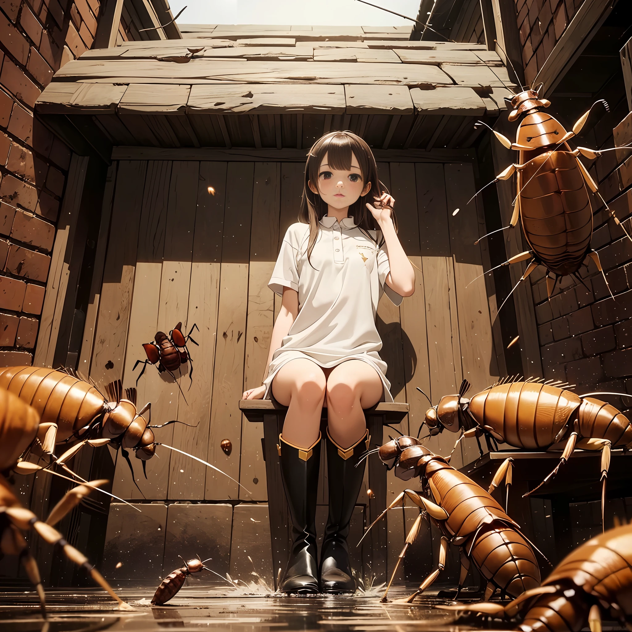 (High-quality depiction+Detailed description)、(rubber riding boots+rubber+get dirty)、(trample+majority+cockroach)、(Small cockroaches+Mass scattering)、(Internal organs of cockroaches+Yellowed liquid+Splashing)、(Beautiful girl stomping+bionde+sulking)、(trample+Small cockroaches)