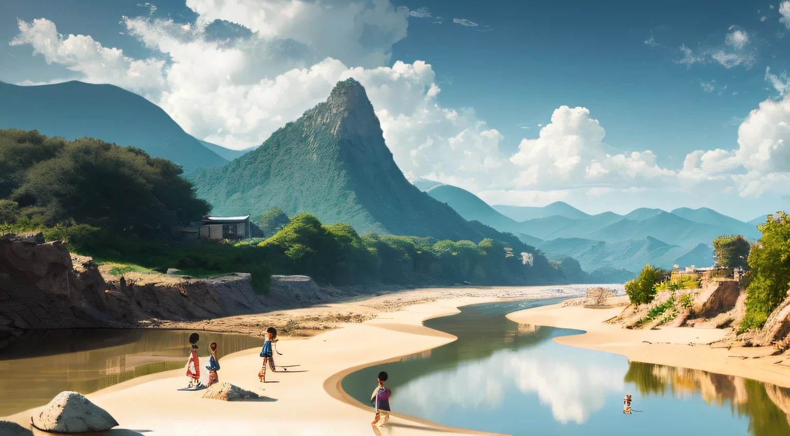 Hot summer,A faint blue sky,Large clouds,River,Many stones,Sand,River sand,Irregular rivers,large scene,A group of children treading water,Kids are rich and cute with details,Frolicking,Touch the stone,In the distance is the green mountains,Hyper-realistic,high definition detail,photorealestic,super wide shot,Soft light、Deep field focus bokeh、Ray tracing and surrealism --auto