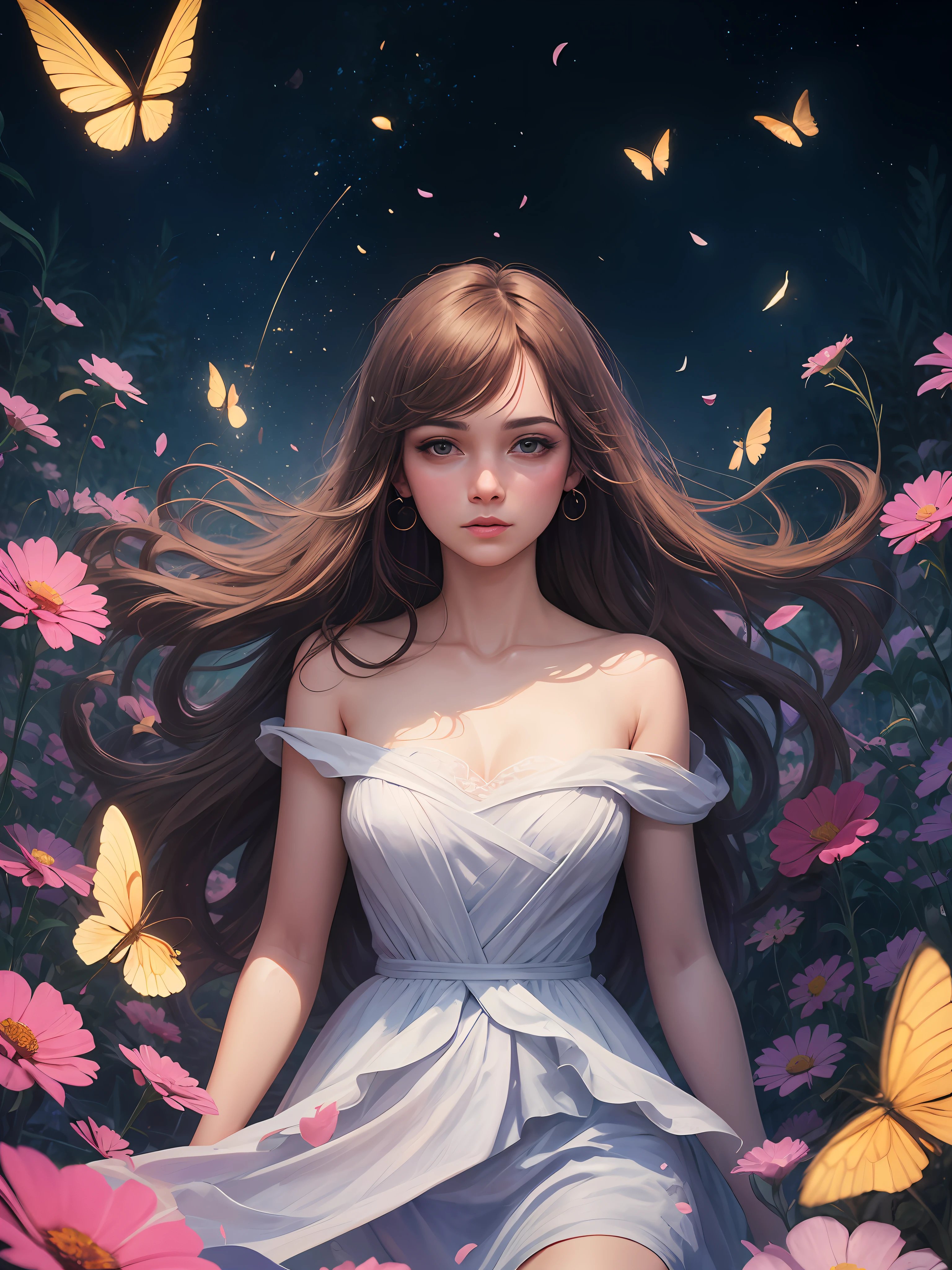 1girl, solo, full body, (masterpiece:1.21), (best quality:1.2), colorful, (illustration:1.2), (cinematic lighting:1.1), (bare shoulders:1.21), (collarbone:1.21) in this whimsical A beautiful and dreamlike garden, the scene is illuminated by a rainbow (colorful fireflies) dancing in the air. Pastel (drizzle) adorns the garden, creating a hazy and ethereal atmosphere. In the center of the picture, stands a single girl, an extremely beautiful girl, with lovely facial features and an innocent expression. Her long hair fluttered in the wind. She wore a low-cut strapless dress that accentuated her curves. The lighting is very delicate and beautiful, creating a soft warm glow that accentuates the water and makes it sparkle like a diamond. The finest grasses are also illuminated to create a lush carpet. The garden is surrounded by colorful flower fields with flowers of all colors and shapes. Various colors and sizes (coloured butterflies) can be seen flying around the scene, adding to the overall sense of wonder and magic. (Everyone, judges), a blush can be seen on the bridge of the nose, and the mouth is slightly opened, which adds to the overall sense of innocence and youth. Falling petals can be seen waving around her, adding to the overall sense of romance and beauty. The breeze is blowing, the leaves are rustling, and the flowers are swaying, adding to the overall dynamism and vitality. It is a scene of pure wonder and magic, full of color and beauty, where the viewer can lose themselves in this enchanting and captivating world.