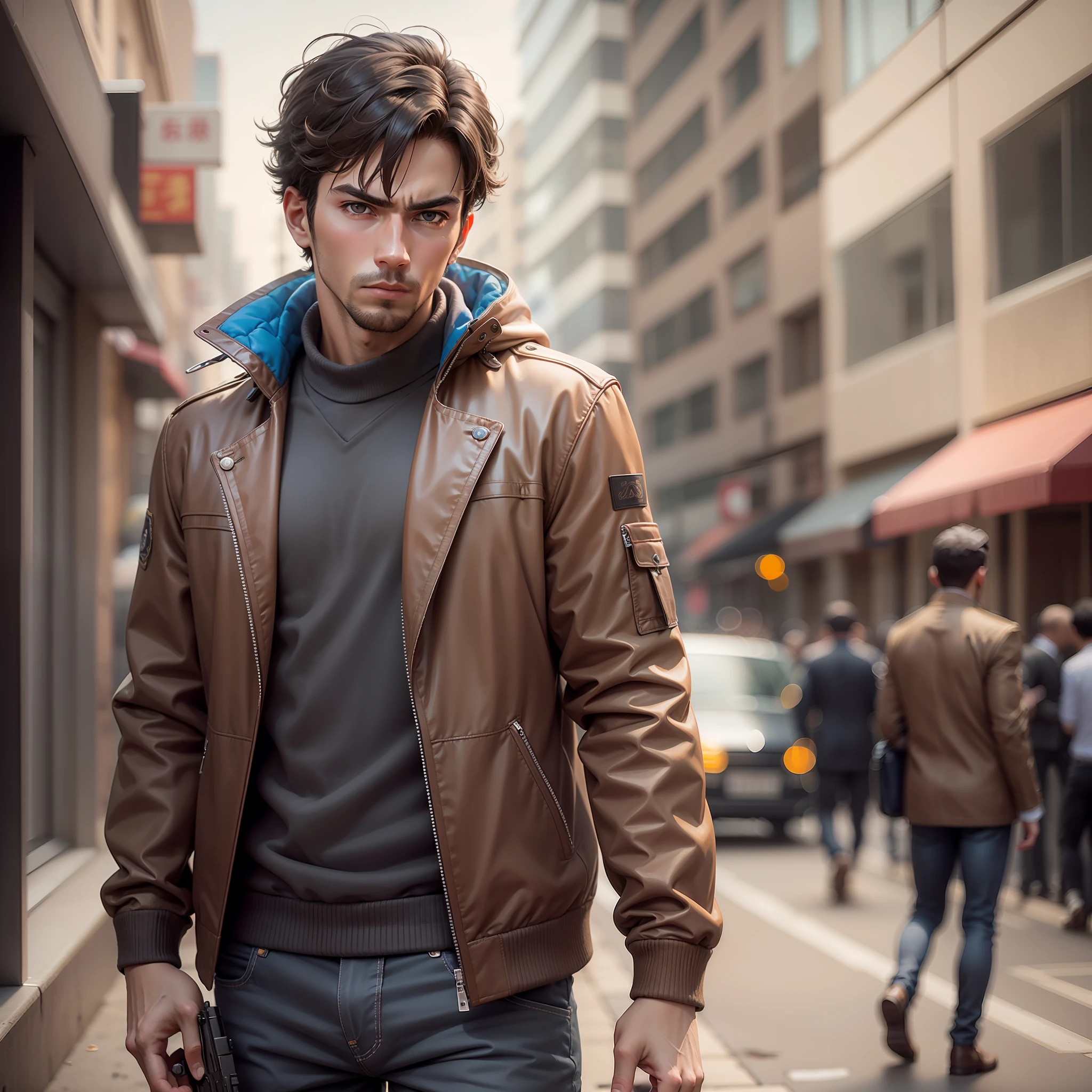urban center，male people，Handsome，with a determined look in his eyes，looking at viewert，Take an AK47 rifle，self-ured，Wear a brown jacket，Ultra-high resolution，8K，photography of，officla，Peng Yuyan，Wu Yanzu