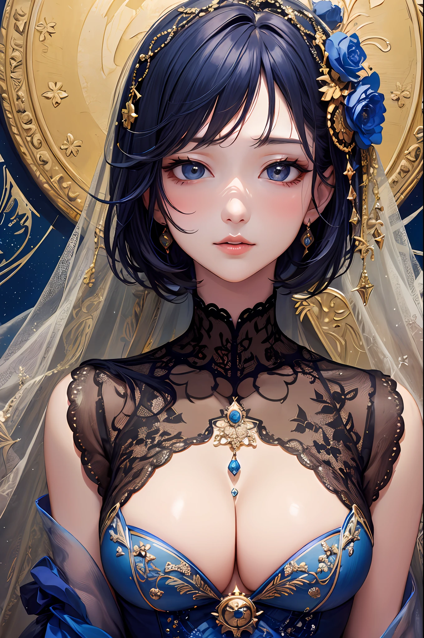 (​masterpiece、top-quality、top-quality、Official art、Beautifully Aesthetic:1.2)、(1girl in)、ighly detailed、(Fractal Art:1.3)、colourfull、highestdetailed、Sagittarius temperament、Fantasia、Soothing、Dreaming Beings、Exploring the Mind、Philosophical、voyage、Dress with the image of the moon、Royal Blue、Princess、Unknown world、Mature face、mystical、bewitching、passion