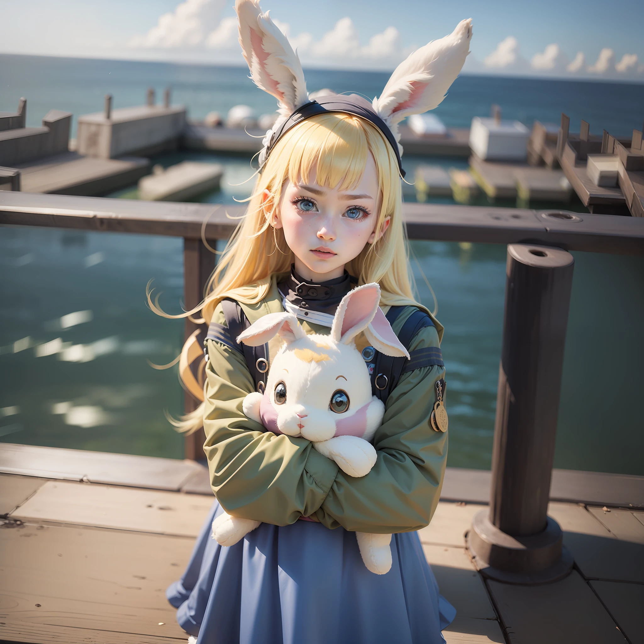 junior school student,frontage,Be proud,Head up,defiance,There are huge rabbit dolls around,Blue and white clothes,On the pier,blond hairbl