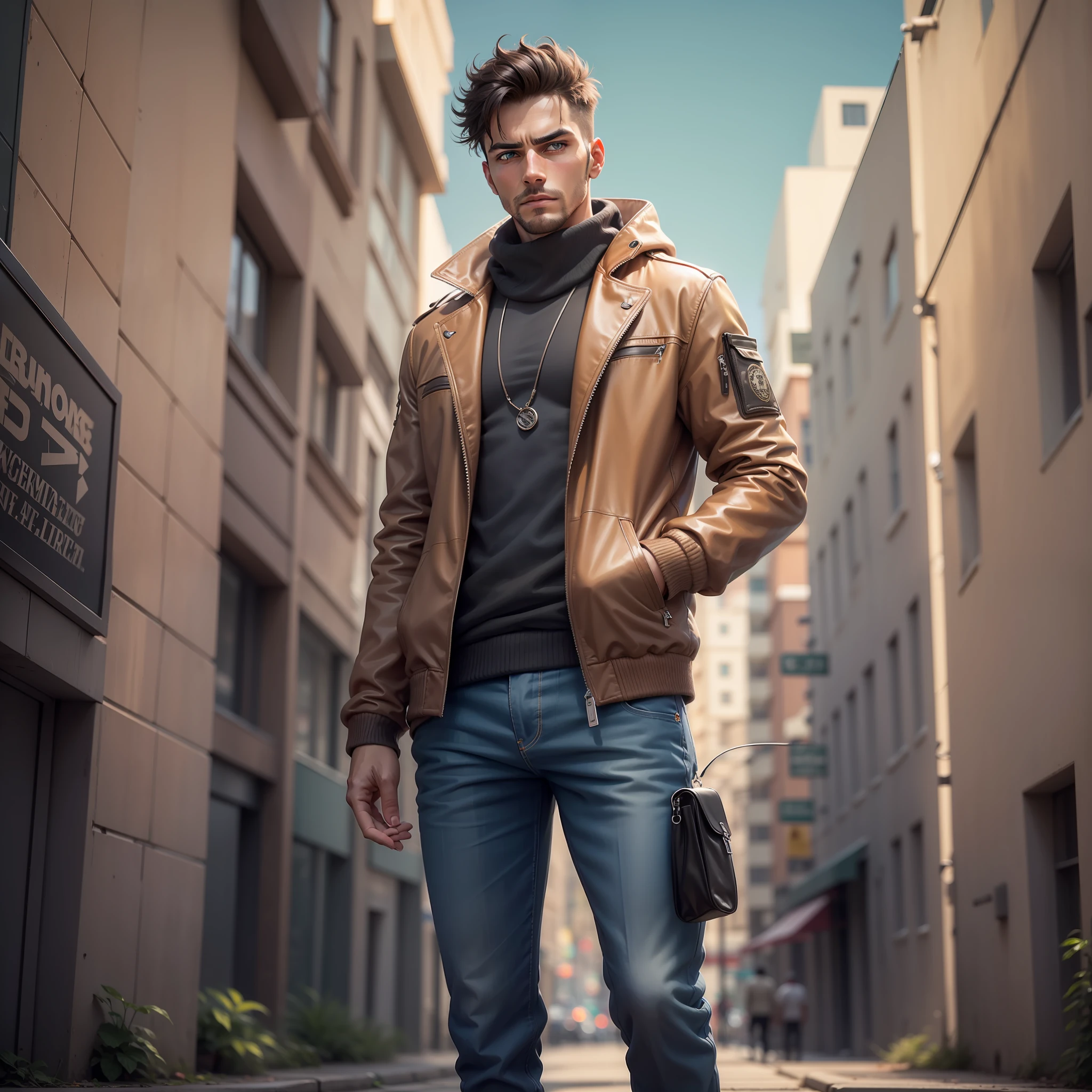urban center,male people,Handsome,with a determined look in his eyes,looking at viewert,Take an AK47 rifle,self-assured,Wear a brown jacket,Ultra-high resolution,8K,photography of,officla