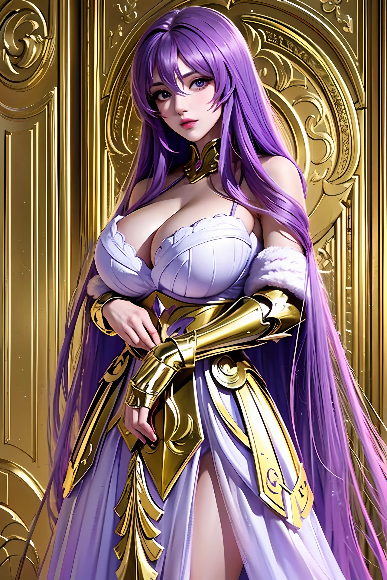 beautiful lighting,best quality,absurd,masterpiece,Ultra Highres,photorealistic,(soft_Light:1.5),(The lighting),delicate elegance,captivating beauty,divine goddess, full body, 1 girl, Only,((Huge :1.2 )),Kido_Saori,(athenaCloth_armor:1.1),lavender hair,(hair between eyes:1.2),standing, full body, facing viewer, simple background,