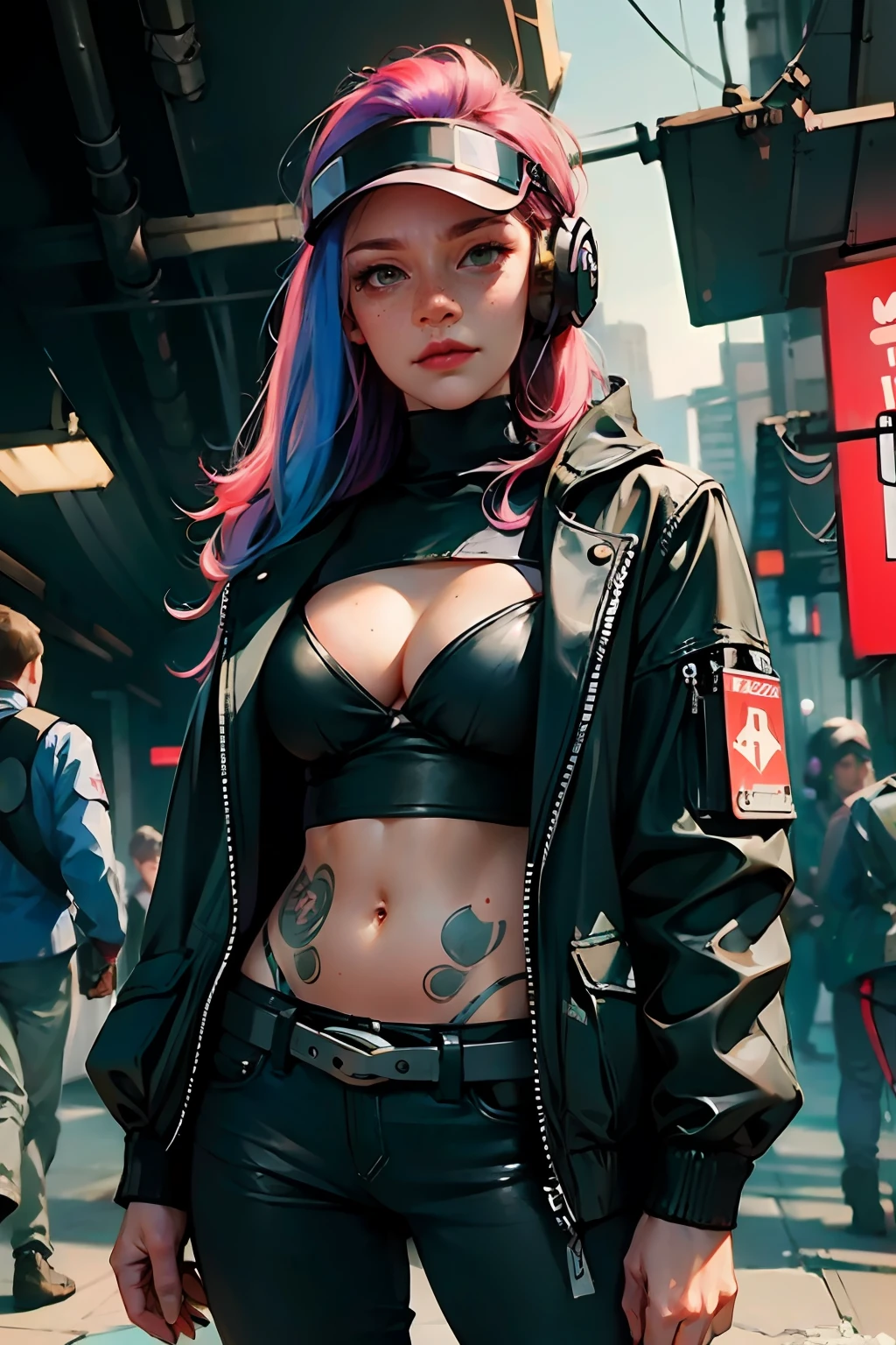 ((Best Quality)), ((Masterpiece)), glasses, militar pants, mature, perfect eyes:1.2, woman face, big breasts, detailed eyes:1.4, ((freckles)), woman, hightech visor, visor, high tech, hacker, irezumi, tattoo, techwear, headphones, messy hair, multicolored hair, purple hair, black jacket, gradient hair, leather clothes, (High Definition:1.3), 3D, Beautiful (Cyberpunk:1.3), Colored hair, militar, black clothes looking at camera, hacker woman, neo tokyo
