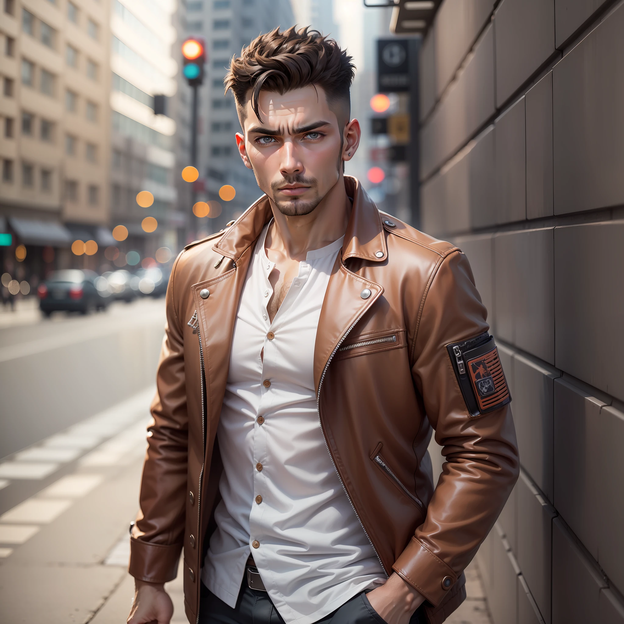 urban center，male people，Handsome，with a determined look in his eyes，looking at viewert，Take an AK47 rifle，self-assured，Wear a brown jacket，Ultra-high resolution，8K，photography of，officla