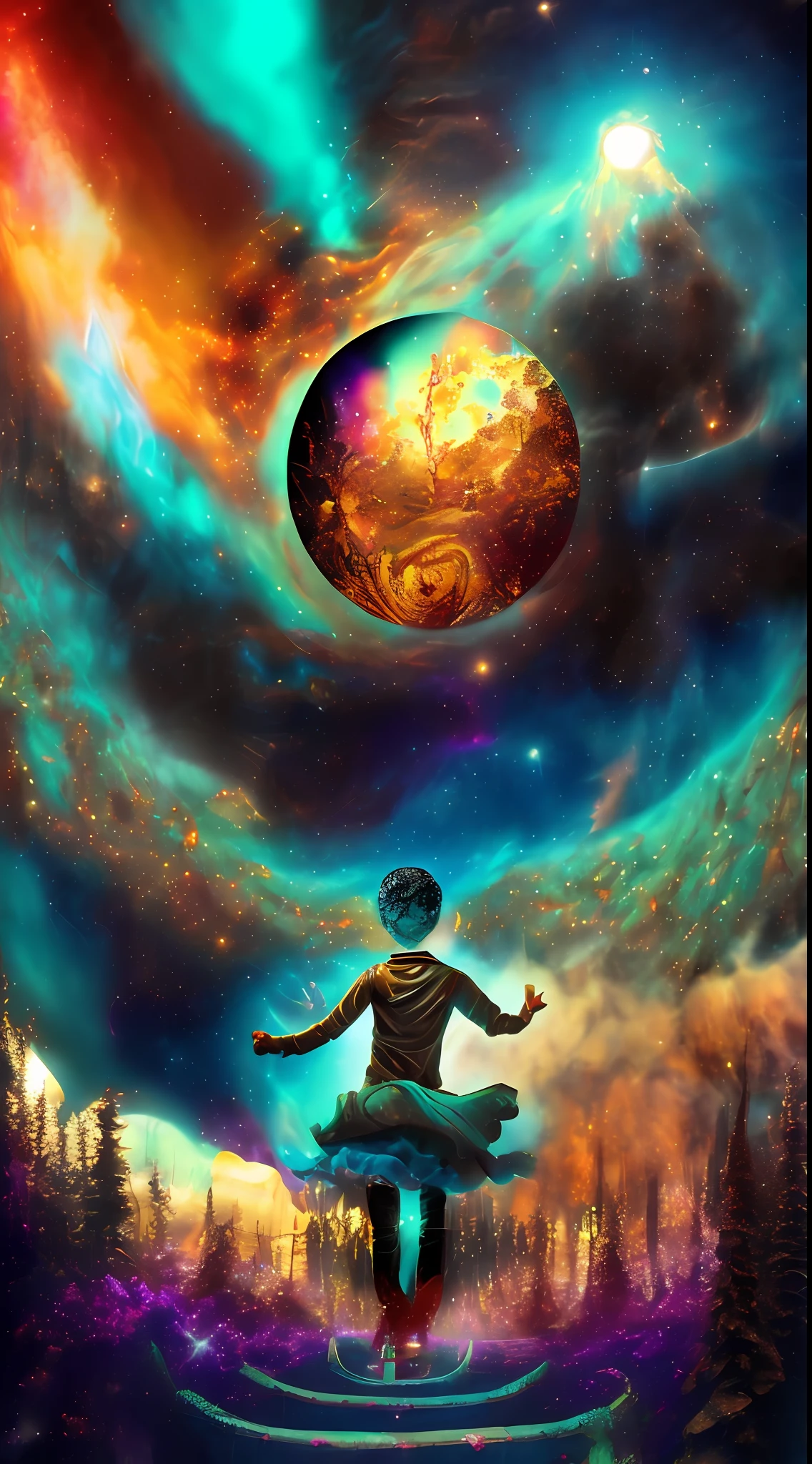 Incredible and spectacular scene, a "((high quality)), (detailed)), ((fantasy)), illustration, perspective (45 degree tilt angle), theme (enchanted forest style), scene elements (handsome boy, beautiful girl), picture quality (3D rendering effect), exquisite details, beautiful lights "emerge from glowing clouds, fractal nebula lines, cosmic entities, celestial bodies, universes, vibrant and vivid, swirling, rotating, impractical, high contrast, co-metabolic, magical, mysterious, mysterious, surreal, Oversaturated, colorful