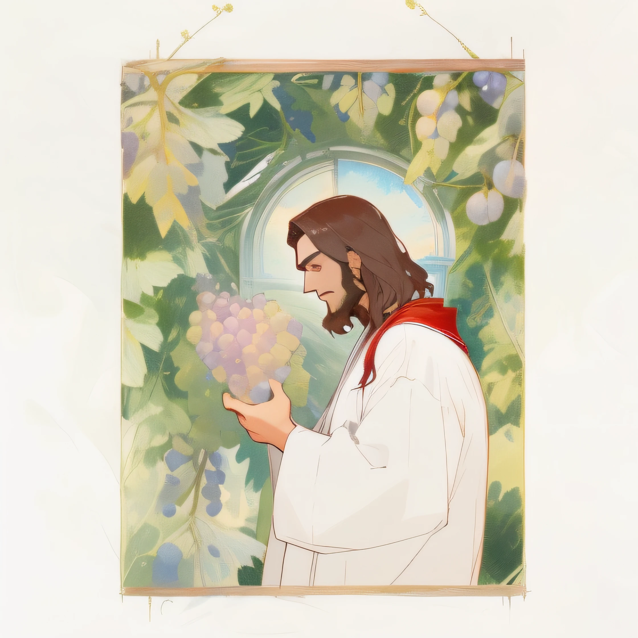 A short-haired man in a robe and red coat holds a bunch of grapes,Jesus