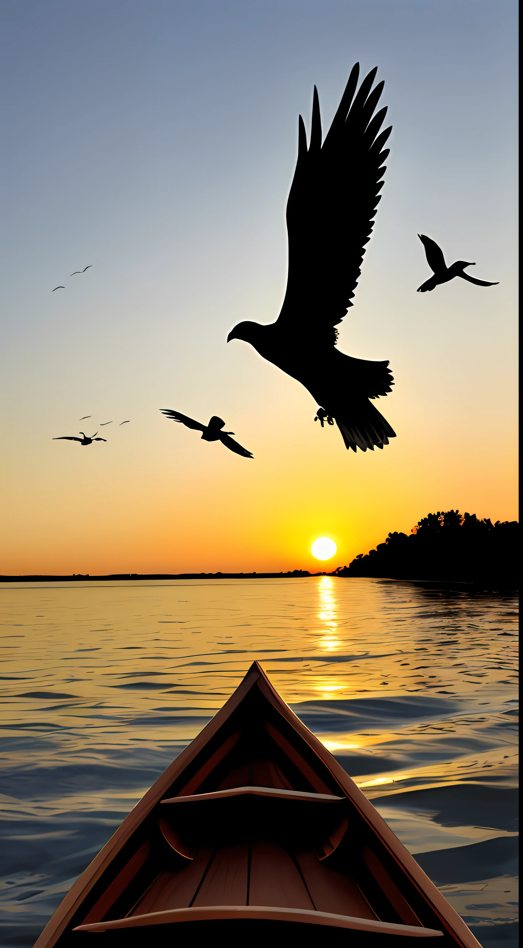 hombre en canoa al atardecer, con pajaros volando arriba