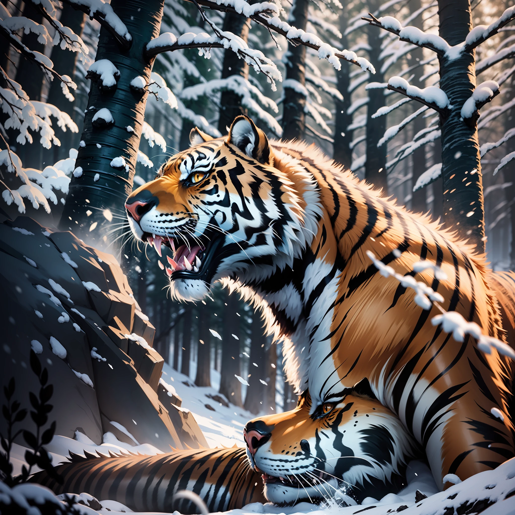 tiger hunting, forest, teeth, claws, tail, snow --auto