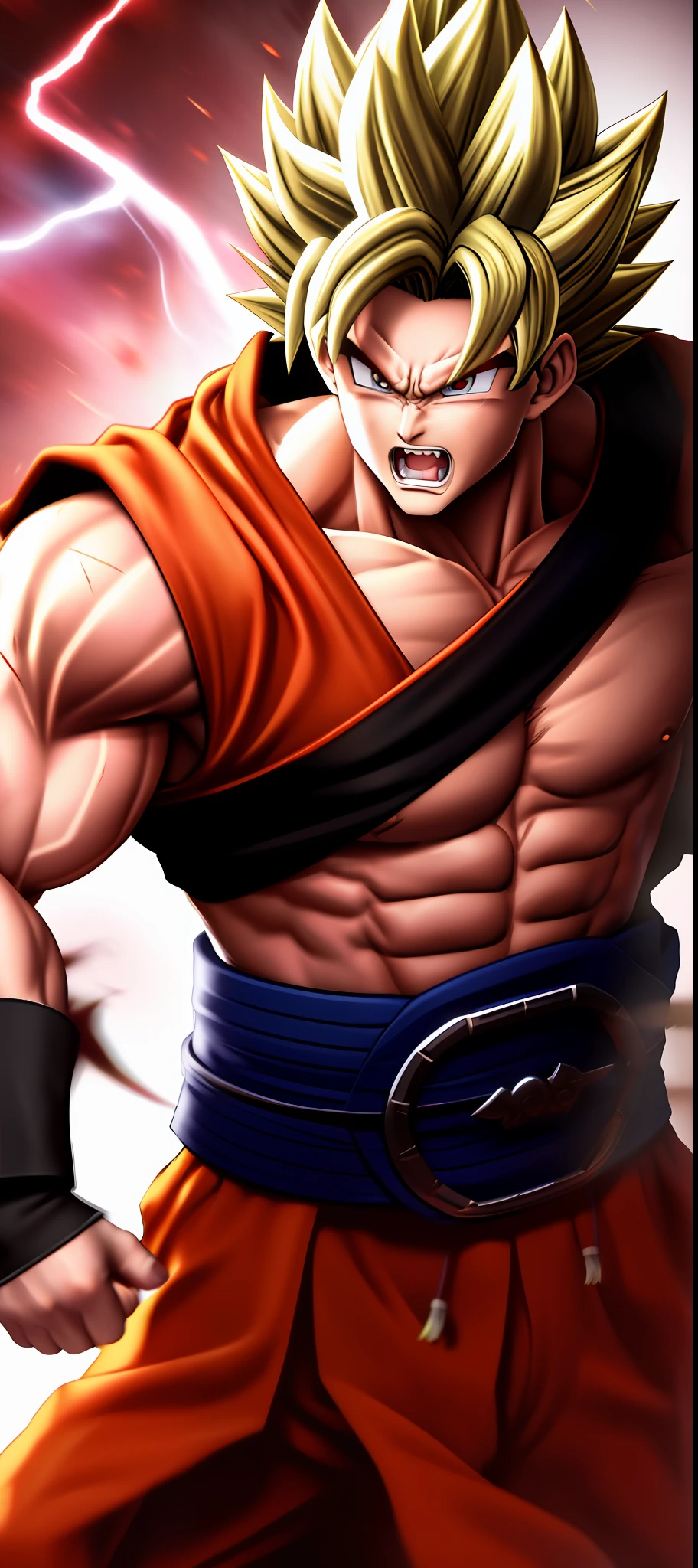 son goku，1 boy，Angry，There are scars of the battle on the body，blond hairbl，Wear Chinese clothing，clench one's teeth，Red eyes provide focus for men，Prominent muscle lines，The pectoral muscles and belt are very visual，Solo in a  gesture，Hair spikes upwards，Super Saiyan-like power makes him even stronger，The body highlights his strong muscles and sharp teeth，His costume was torn by the fighting，Fasten the wristband on the wrist，((tmasterpiece))