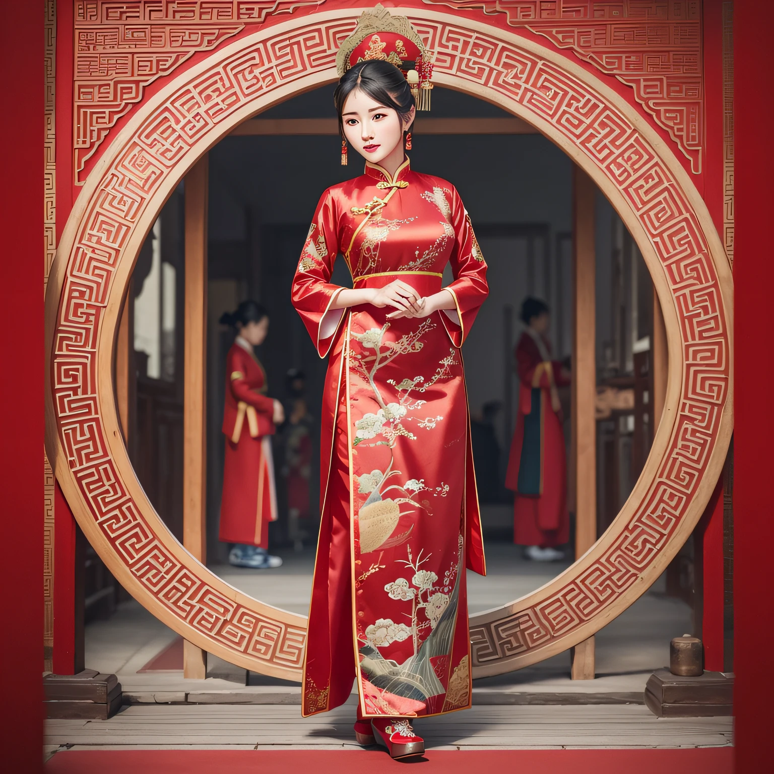 Chinese ancient style，Wear a long red costume dress，Beautuful Women，Showy，high and cold，autumnal，Real Human，3Drenderingof， --auto