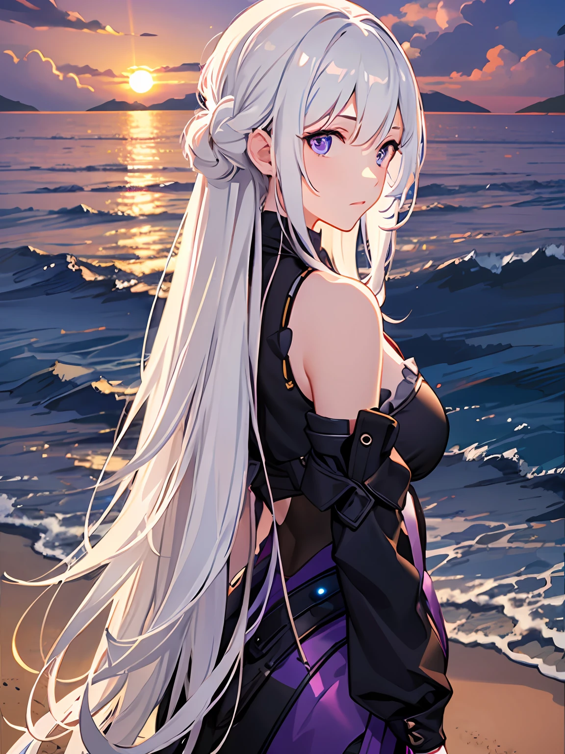 masterpiece, best quality, masterpiece, best quality, official art, extremely detailed CG unity 8k wallpaper, girl, long hair, white hair, against backlight at dusk, golden hour lighting, strong rim light, intense shadows, beautiful purple sunset at beach, Back Shadow, back to look back