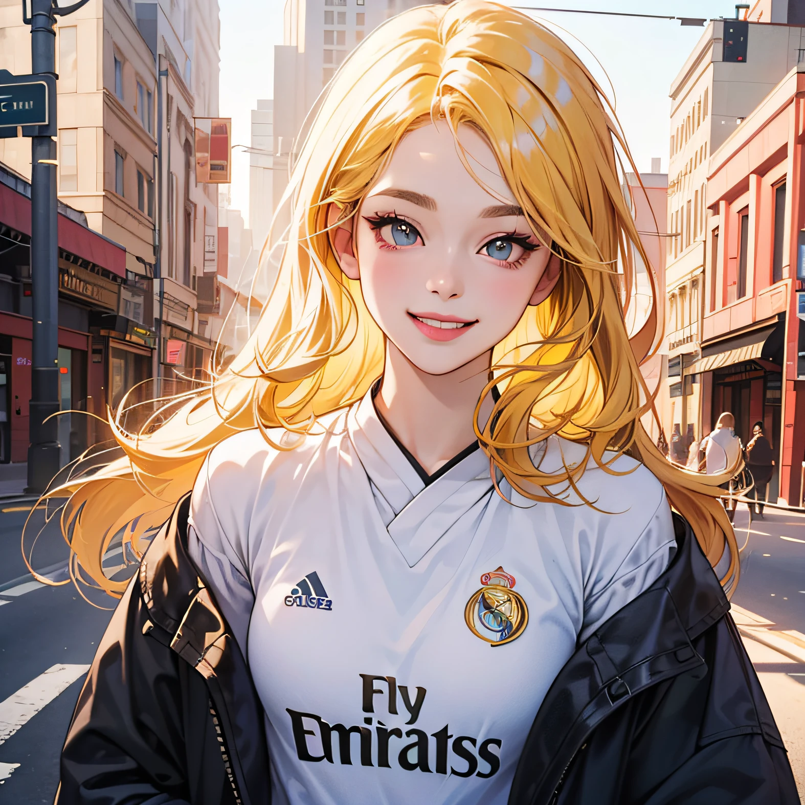Yellow-haired,The upper part of the body,largeeyes,Kizi,二重まぶた,Long eyelashes solid figure eyes,Light smile,hentail realism,City overpass,stereograms,having fun,Light smile,super detailing,precise,high high quality,pink lip,Real Madrid shirt --auto