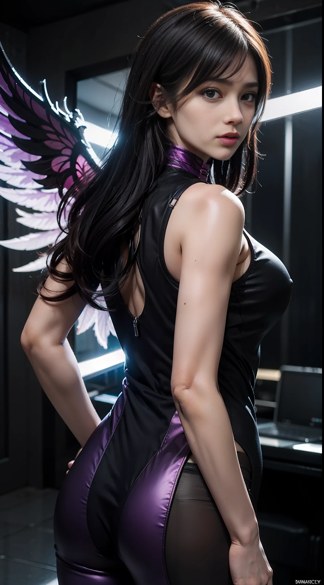 1girl,kai'sa,league of legend,Casa,deep purple hair,Purple eye,serious expressions,intense glare,looking at viewert,from back,(dynamicposes),(Wings of the Void),arma,tmasterpiece,the Extremely Detailed CG Unity 8K Wallpapers,best qualtiy,32k,Focus Clear,Cyber City,neonlight,light circles,Void Realm