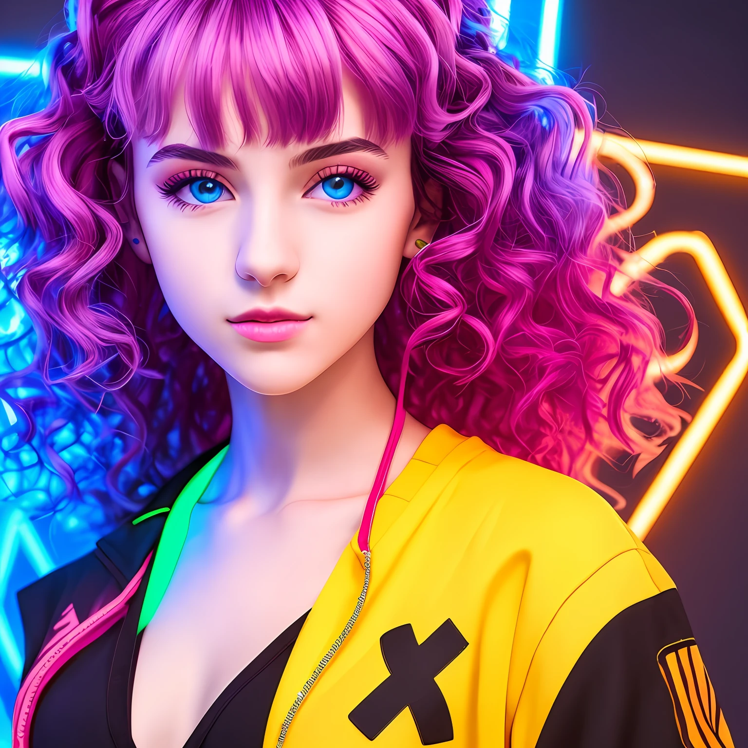 Beautiful girl, symmetrical face, curly hair, neon colour top, neon colour sneakers, ultra hd