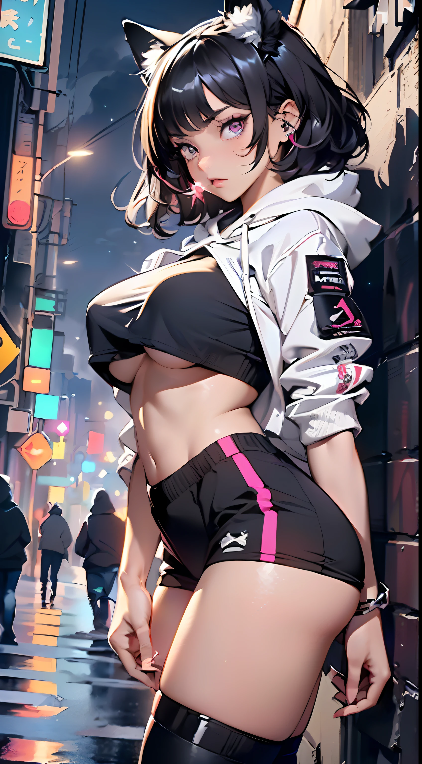 girl spacepunk,(1girl:1.3),((anime girl with extremely cute and beautiful black hair cat ears walking seductively down the street)),
(large breasts:1.4),saggy breasts,(((black wavy bob hair:1.35,bangs;1.35,messy hair,colored inner hair,ear breathing))),(((cat ears,cat ears on head,big cat ears))),((pink eyes:1.3,upturned eyes:1.3,perfect eyes,beautiful detailed eyes,rainbow glows ultra-detailed deep pink purple eyes:1.1,gradient eyes:1,finely detailed beautiful eyes:1,symmetrical eyes:1,big highlight on eyes:1.2)),(fat:1.2),(((lustrous skin:1.5,bright skin: 1.5,skin tanned,shiny skin,very shiny skin,shiny body,plastic glitter skin,exaggerated shiny skin))),(spider lower abdomen,narrow waist,wide hip,athletic body,inflated legs,delicate detailed fingers,detailed body,detailed arms,human hands, detailed hands),
cute,slutty,seductive,erotic,nsfw,
zettai ryouiki,revealing clothing,show skin,((((underboob)))),(wearing a mechanical space body armor:1.3,semi-naked,with little clothing,tiny thong,bare legs),((((crop top hoodie,cropped hoodie,hoodie))),(detailed outfit,detailed clothes),
(dynamic pose:1.0),solo focus,embarrassed,centered,scale to fit dimensions,Rule of thirds,
outdoors, ((night view)), (cyberpunk night street Background: 1.5,dark sky,alleyway,lonely alley,thick clouds, detailed background:1.25),
(best quality), (high resolution), (sharp focus), (ultra detailed), (extremely detailed), (extremely high quality artwork), 8k_wallpaper, (extremely detailed CG 8k),(very fine 8K CG), ((hyper super ultra detailed perfect piece)), flawless, (((masterpiece))), illustration, vibrant colors, (intricate), High contrast, Selective lighting, Double exposure, HDR (High Dynamic Range), Post-processing, Background blur,