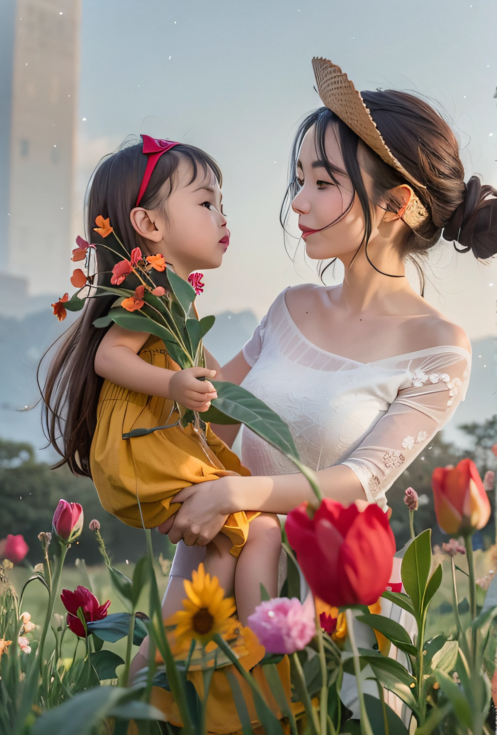 there is a woman that is sitting in the grass with a hat, standing in flower field, in a field with flowers, standing in flower field, in a field of flowers, With flowers, Girl in a flower field, on the garden, xintong chen, girl frontal in a flower field, Profile picture, woman standing in flower field, Profile image