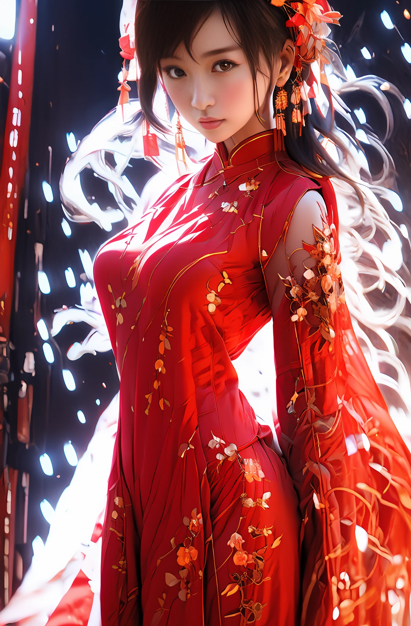 araffe asian woman in a red lingerie posing for a picture, gorgeous chinese models, seductive anime girls, Japanese goddess, Wearing a red cheongsam, beautiful and seductive anime woman, Sexy pose, sexy body and sexy abdomen, very sexy outfit, Chinese girl, wearing red attire, cute elegant pose, trending at cgstation, Anime girl cosplay