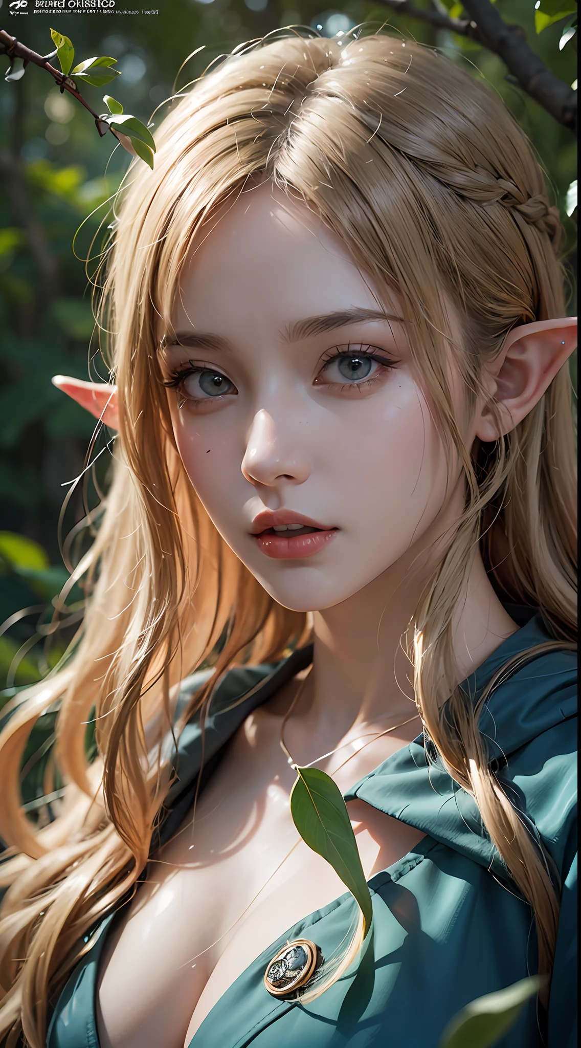 (masutepiece, Best Quality, awardwinning, hight resolution), One Beautiful Female Elf, cleavage, tall, skinny, Light blonde hair, Complex and beautiful design, extremely detailed beautiful face, Triangular face, Rest in the stream, forest, Leaf flow, Windy, Sunshine in the forest, Epic fantasy art, colorful art, Dynamic lighting, Cinematic lighting, Hyper realistic, Very CG detail, Octane Render