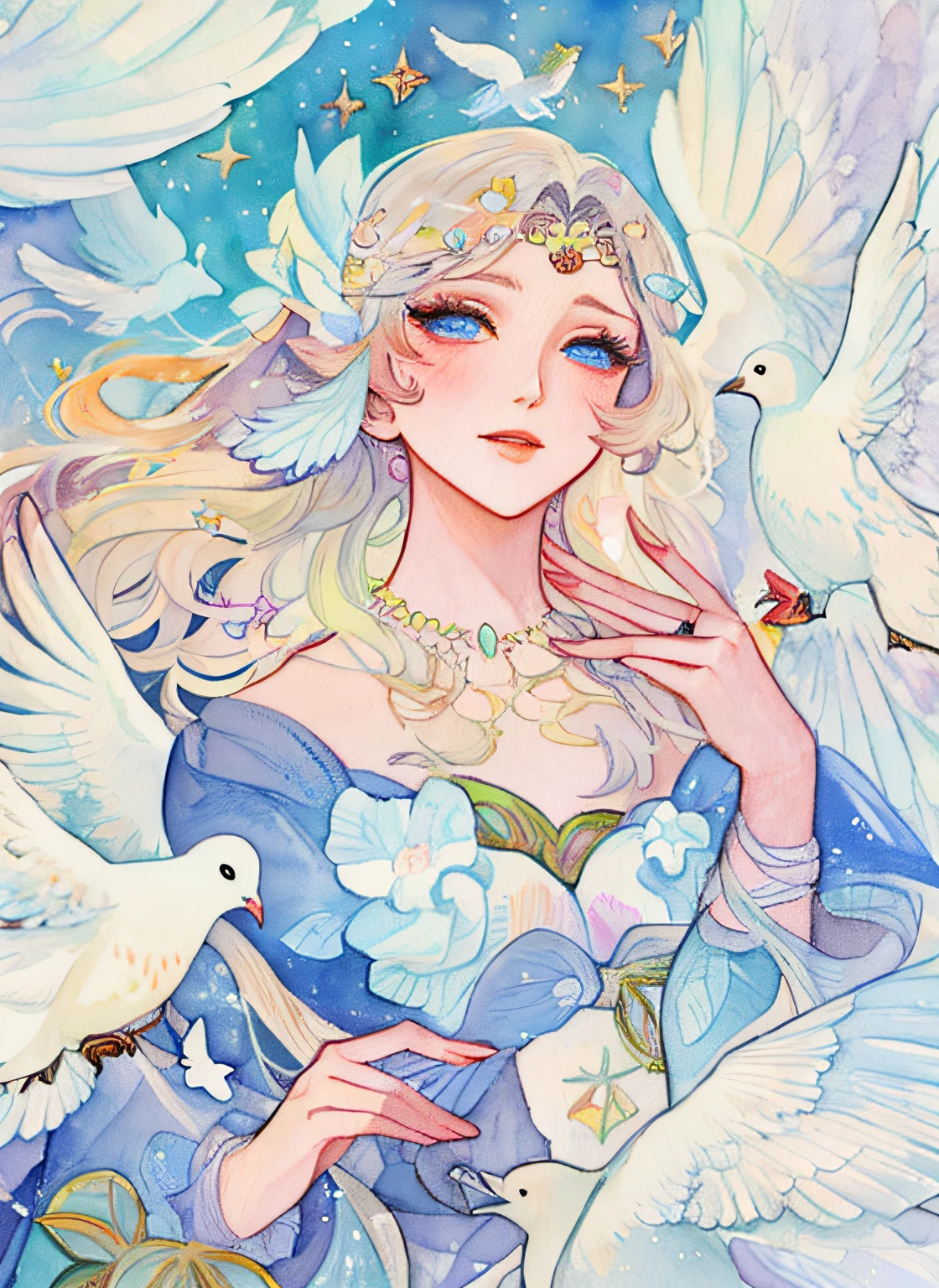a drawing,The painting depicts a woman with white wings and a dove, inspired by Miho Hirano, watercolor detailed art, author:Mary Angel, inspired by Naoko Takeuchi, inspired by Marie Angel, Alphonse mucha and rossdraws, ethereal fairytale, Inspired by Rebecca Gay, trending on artstration, watercolor colored painting, Watercolor illustration style, goddess of love and peace
