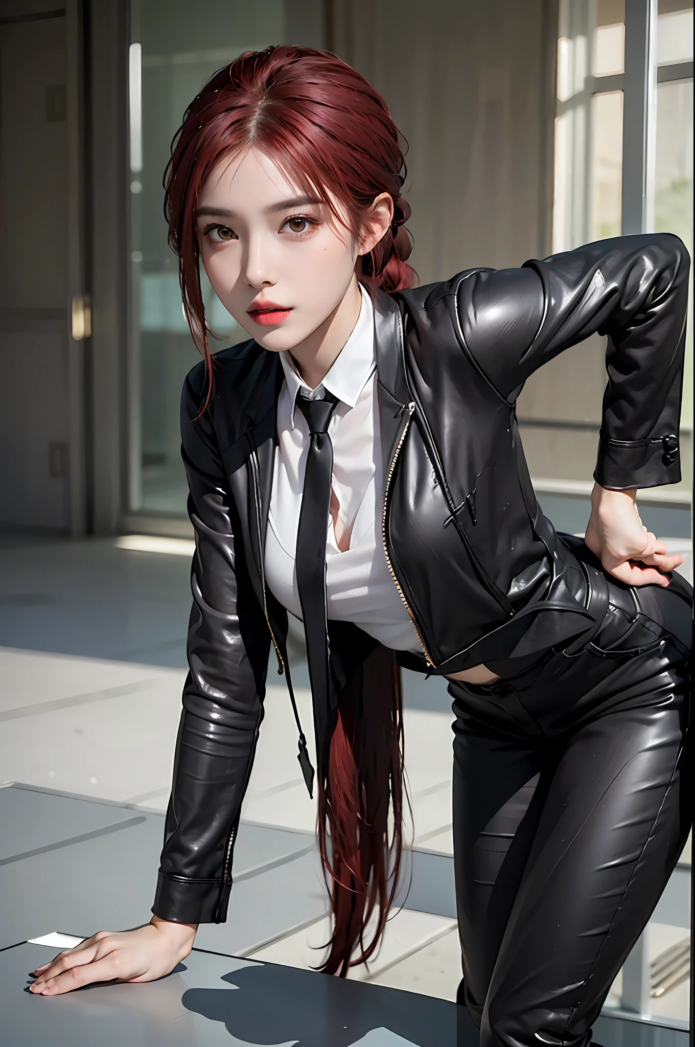 photorealistic, high resolution, 1 girl, hips up, beautiful eyes,black suit,makima,braided ponytail,red hair, ringed eyes, gold eyes, collared shirt,black necktie,black pants