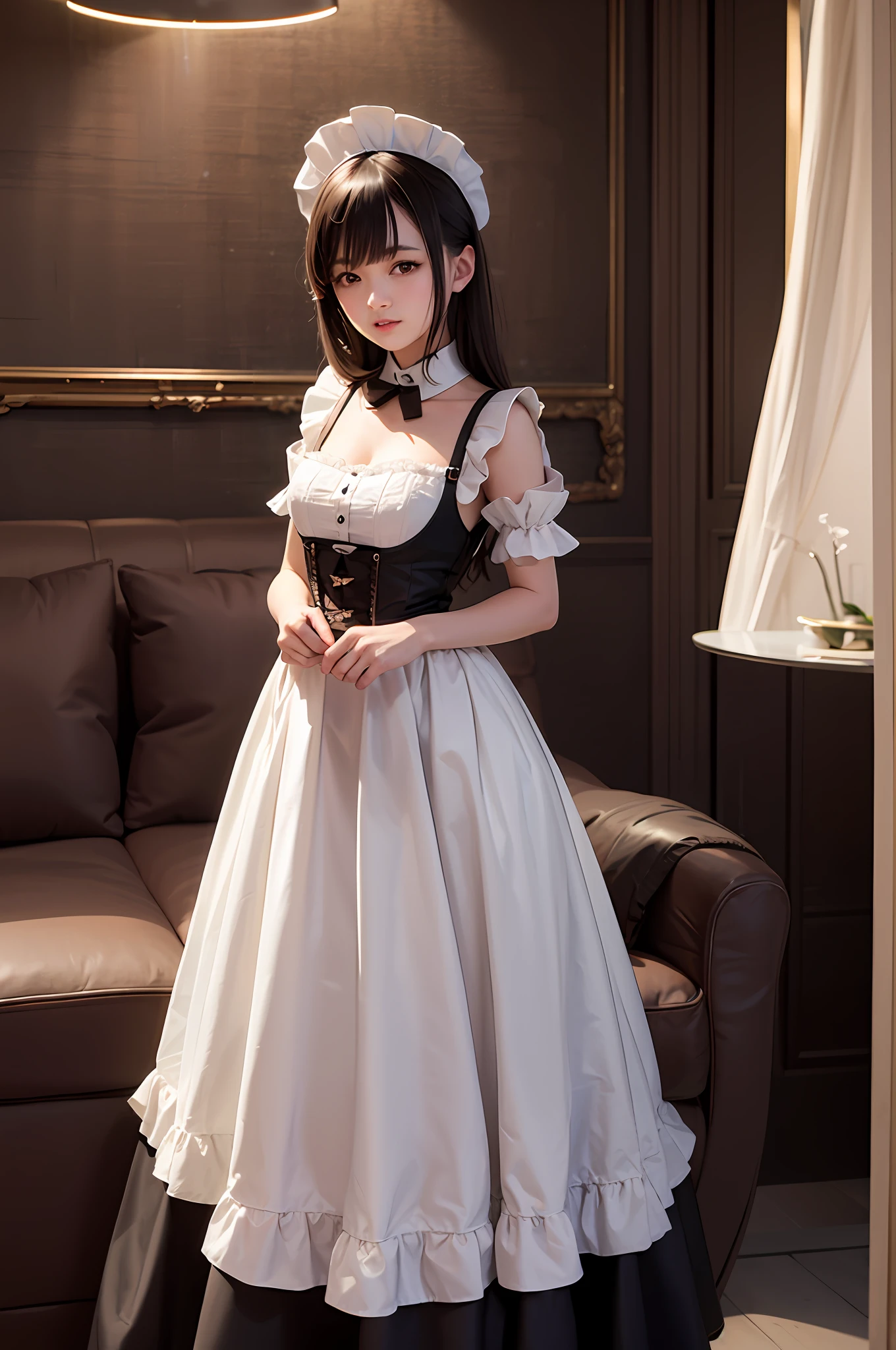 Gorgeous maid in fixed pose to take pictures,anime girls in maid costumes,elegant glamourous cosplay,With Canon 5D MK4,The scene is full of color,The maid costume is silver-white+red colour*1.2+green color*1.3,The girl's expression was bright,Close-up featuring girls,Dark tones,There is soft lighting,The girl background is retro+Light luxury,There is interior decoration(candlestick)、The sofa is thick,The wall wallpaper is mainly light color,Girl with decorative furniture、Wallpaper fusion,The girl's skin is fair and smooth。