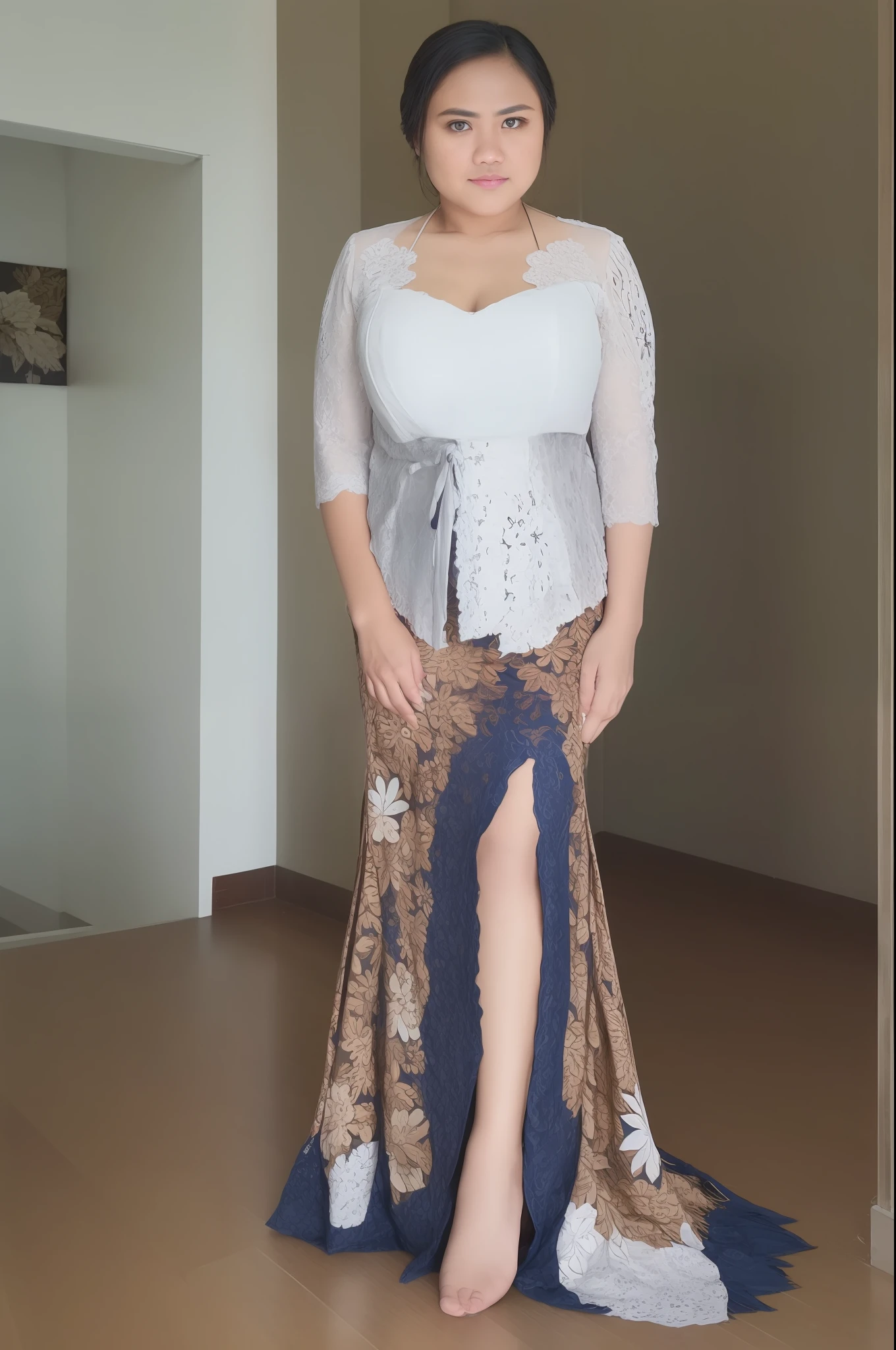 ((looking at camera)), (WDR), detailed face, 1girl, solo, fashion-girl, mature girl, cute, sweet, Sundanese girl wearing Sundanese kebaya, silver kebaya and brown floral pattern long skirt, batik culture, Indonesian Culture, Indonesian Art, Indonesia palace background, sexy, exotics, gigantic breasts, cleavage, open breasts, busty, voluptuous, curvy, thick, chubby