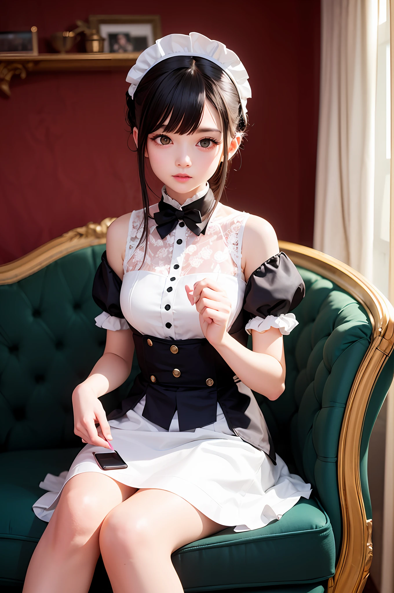 Gorgeous maid in fixed pose to take pictures,anime girls in maid costumes,elegant glamourous cosplay,With Canon 5D MK4,The scene is full of color,The maid costume is silver-white+red colour*1.2+green color*1.3,The girl's expression was bright,Close-up featuring girls,Dark tones,There is soft lighting,The girl background is retro+Light luxury,There is interior decoration(candlestick)、The sofa is thick,The wall wallpaper is mainly light color,Girl with decorative furniture、Wallpaper fusion,The girl's skin is fair and smooth。