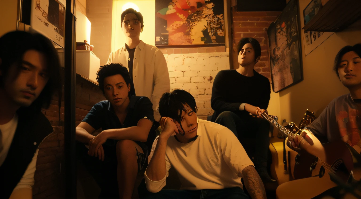 Several people sat in a room with a brick wall, Album art, band promo, Band promotional photo, Official artwork, inspired by Gang Hui-an, album covers, official fanart, profile picture 1024px, film promotional still, album covers, mid shot portrait, taken with canon eos 5 d mark iv, promotional shot, album covers, film promotional image,Dreamy wind --auto