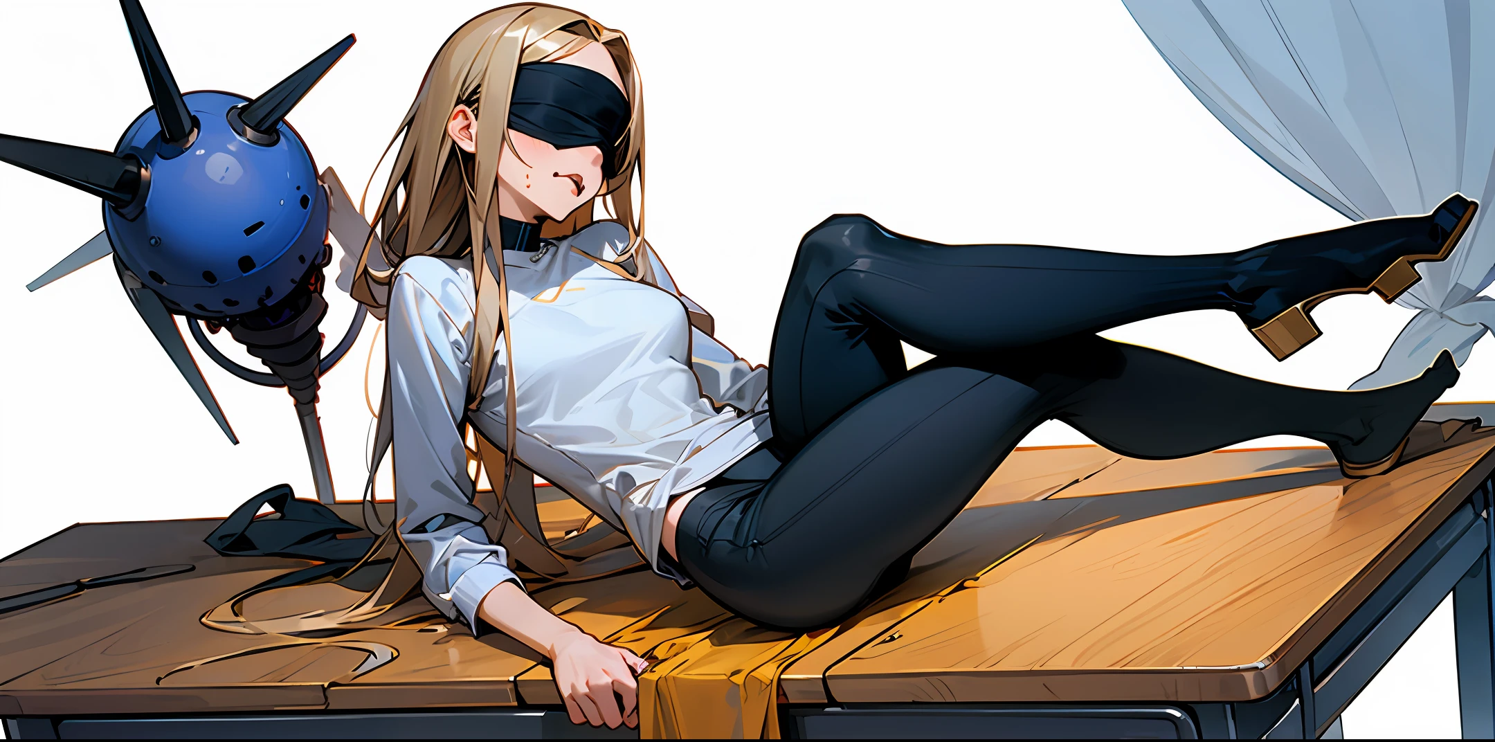 Woman in leggings,long leges,Thin leg,sittinng on the desk,Blindfolded,drools,Stick out your tongue,uncomfortable,scowling,Top,delicated,