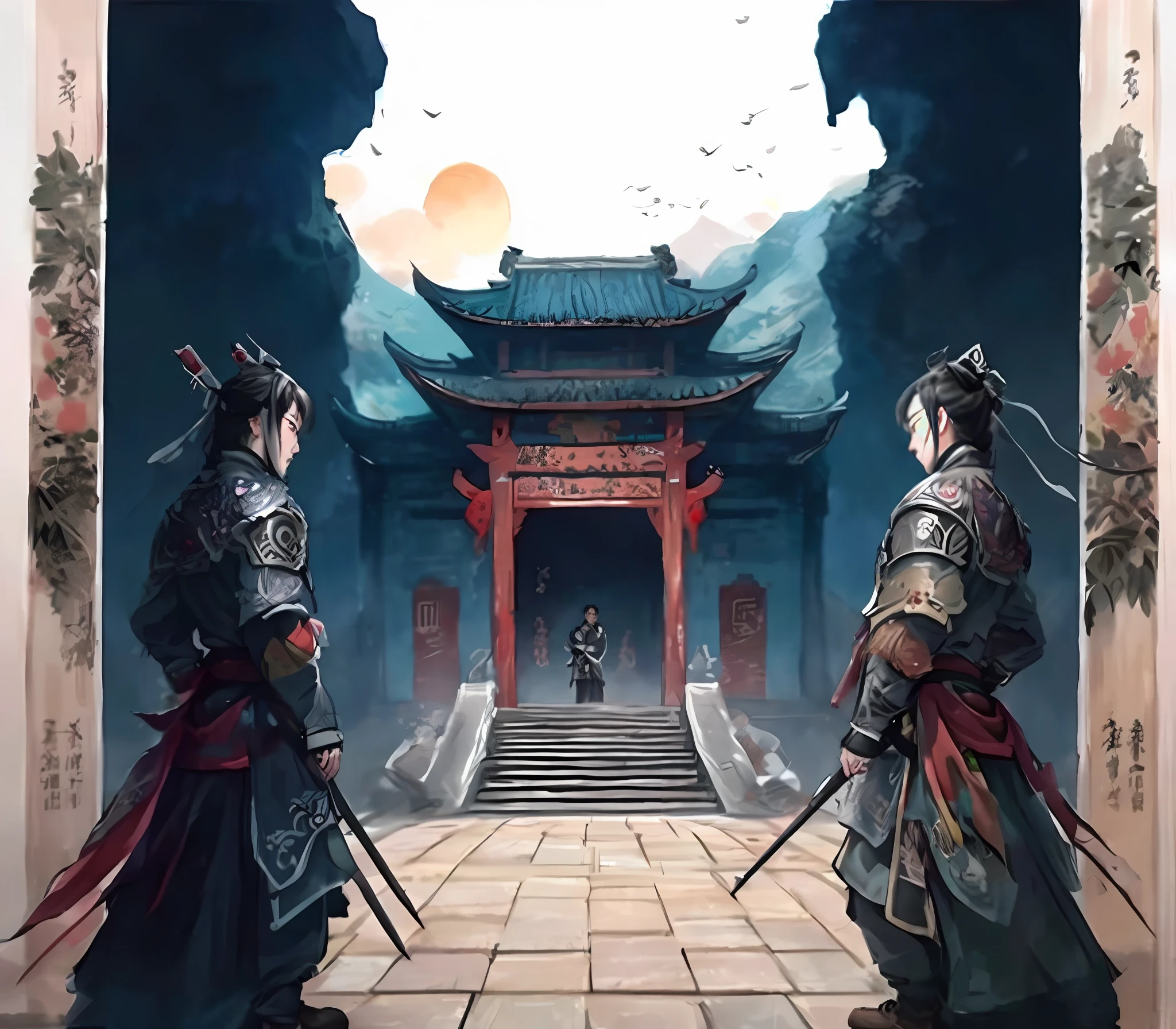 Shuxian Sect，Two Asian men in full armor stand in front of a building, Upcoming martial arts competitions，chinese three kingdoms, Wuxia, cyberpunk chinese ancient castle, from three kingdoms, ruan jia and michael komarck, yiqiang and shurakrgt, dramatic artwork, detailed game art illustration, author：Qu Leilei, Three kingdoms, G Liulian art style, Official artwork