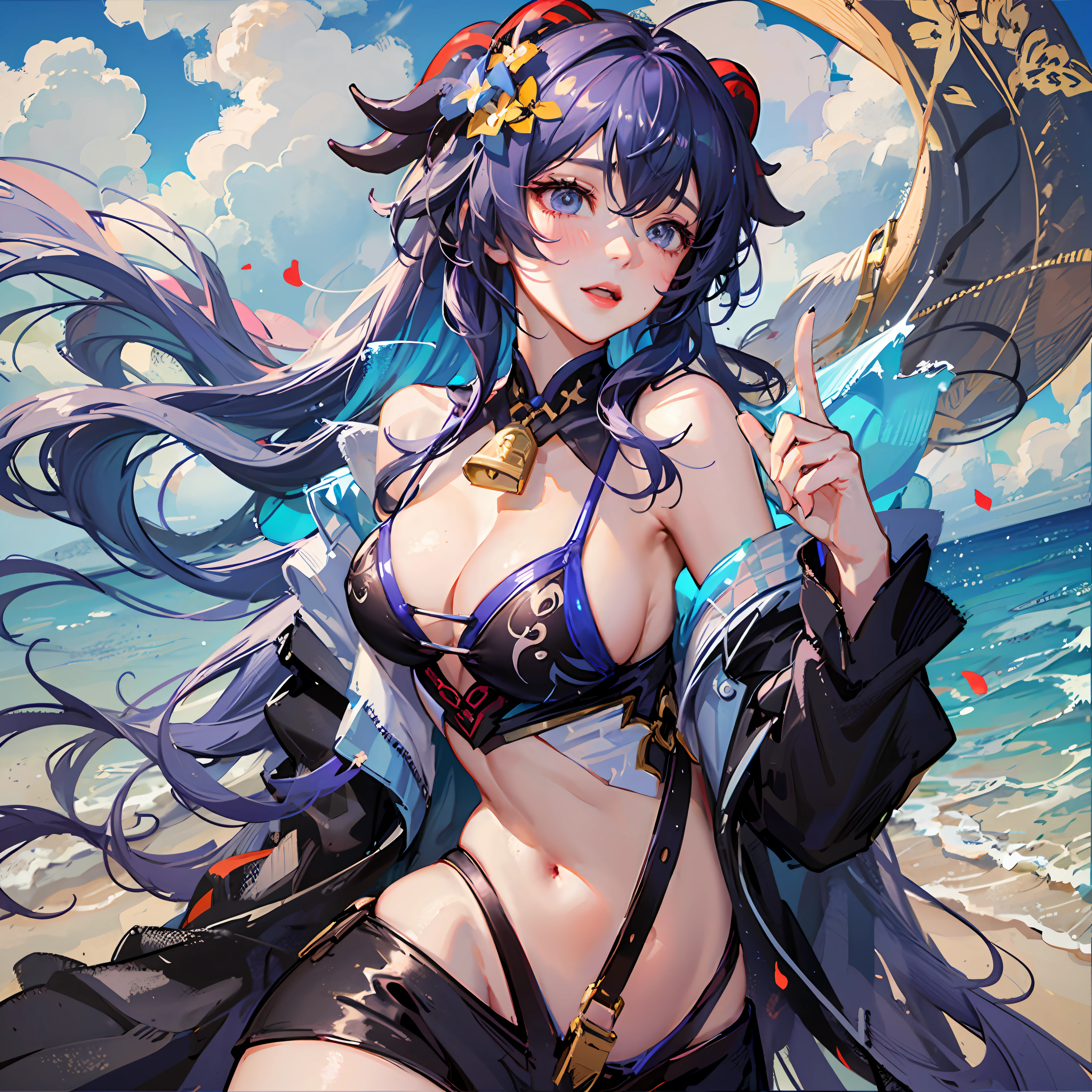 Sweet rain\(Genshin Impact\), 1 Genshin Ganyu image girl blushing, Breasts, Chinese knot, the sleeve, flower knot, , cow horn, long whitr hair, looking at viewert, middlebreast, Neckbells, the night,purpleeyes,, Solo, nipple tassels, ((Masterpiece)) Swimwear, Sexy swimwear, Seaside, beach, Ocean Hands Up Beach Resort Swimwear Straight chest