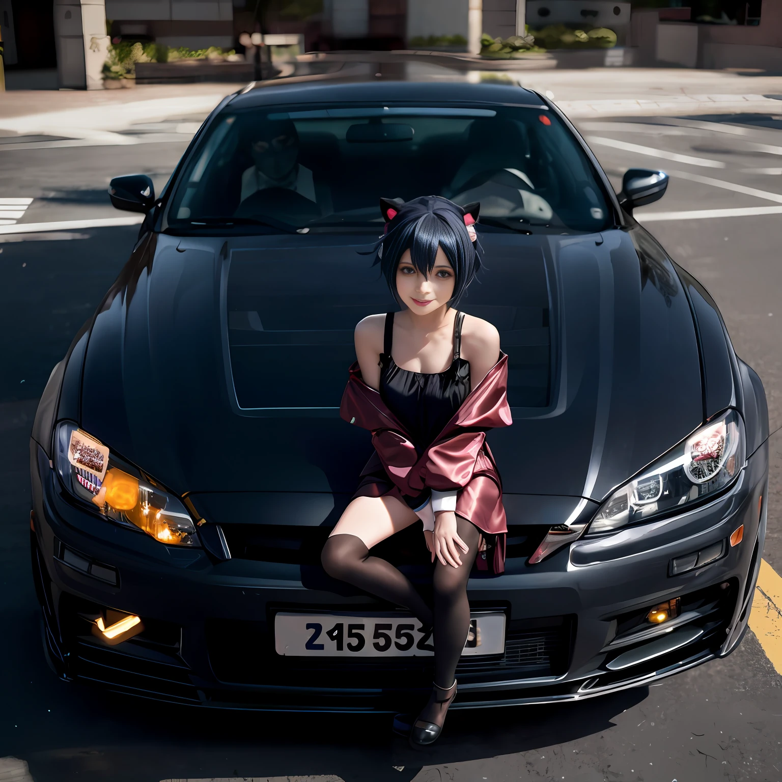 Arad woman sitting on the hood of a car in a parking lot, Anime girl cosplay, Anime style mixed with Fujifilm, Anime cosplay, hana yata, Ayaka cosplay, cosplay foto, Anime girl in real life, gtr xu1, professional cosplay, ff Tifa, taken with canon eos 5 d mark iv, Shot with the Canon EOS 5D Subaru BRZ,The headlights are on