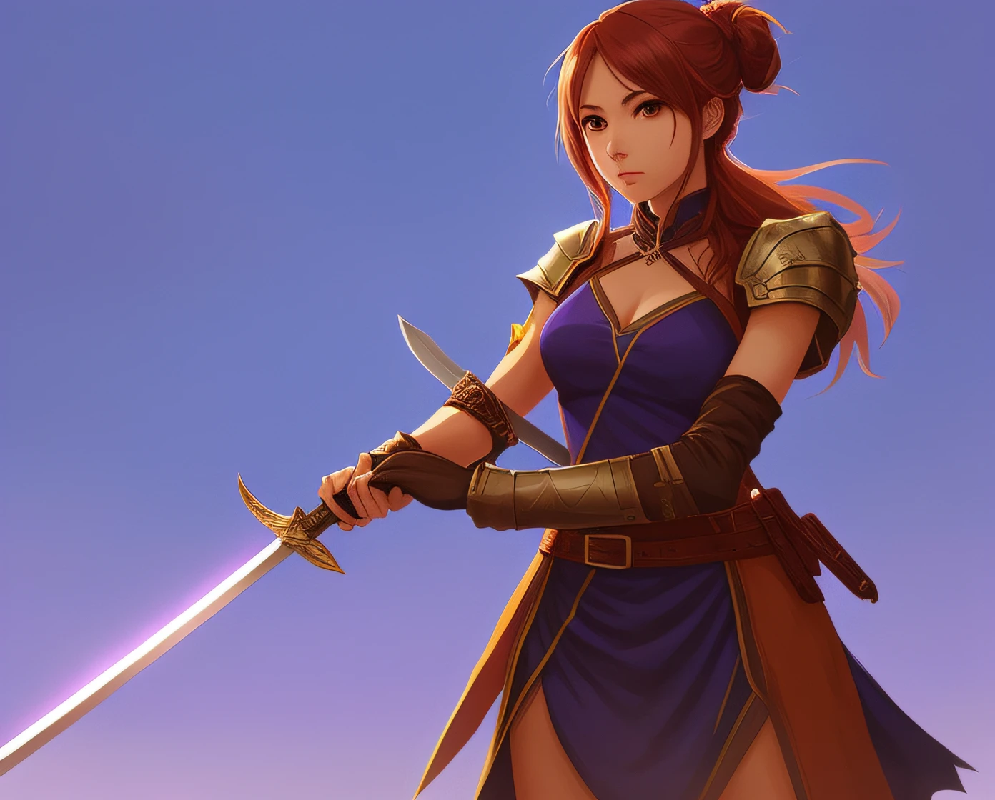 Anime girl holding sword with sword and purple dress, she is holding a sword, alena aenami and artgerm, holding a sword on her shoulder, rpg character art, portrait of female paladin, Epic fantasy digital art style, Epic fantasy style art, with large sword, The long sword in her hand, roleplaying_Portrait, Stunning character art