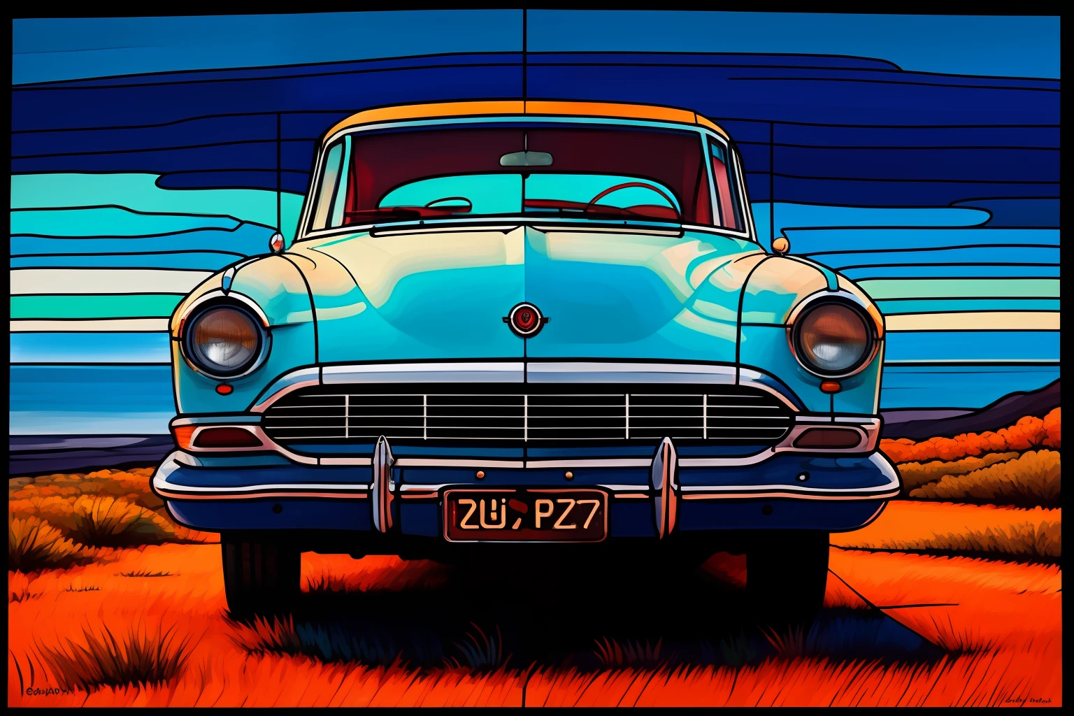 painting in the style of of an abandoned car , navy_blue tones and pale_geen highlights