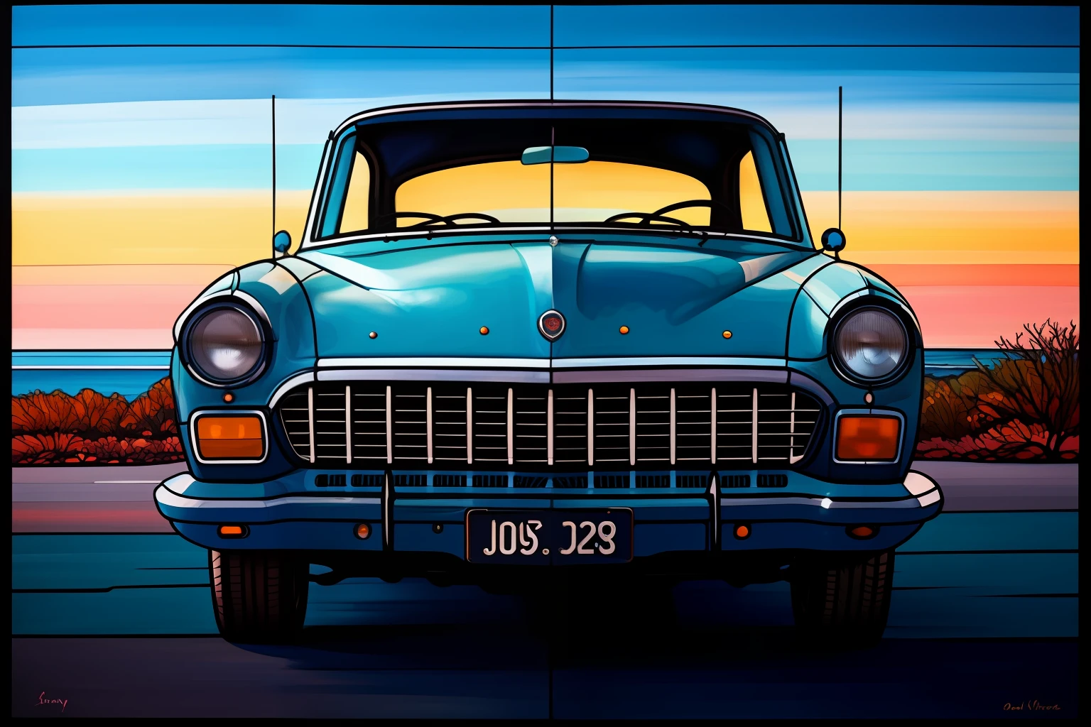 painting in the style of of an abandoned car , navy_blue tones and pale_geen highlights