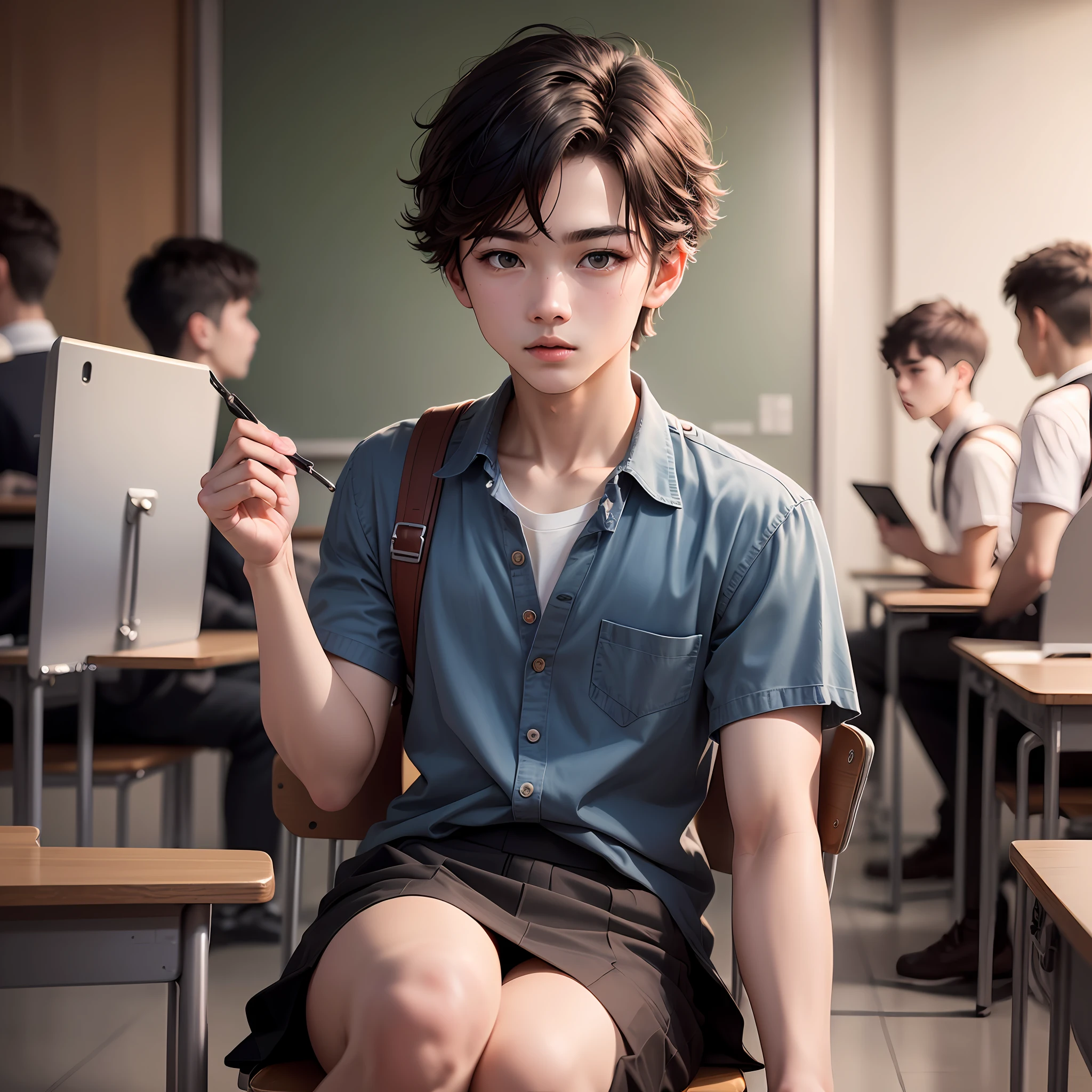 (8K、Raw photography、top-quality、masterpiece)、high definition RAW color photos professional close-up photos、(realisitic、photorealisim:1.37)、((top-quality))、Beautiful Boys、(18 yo boy)、校服、High school students、bright character、Well-groomed appearance、Bright classroom --auto