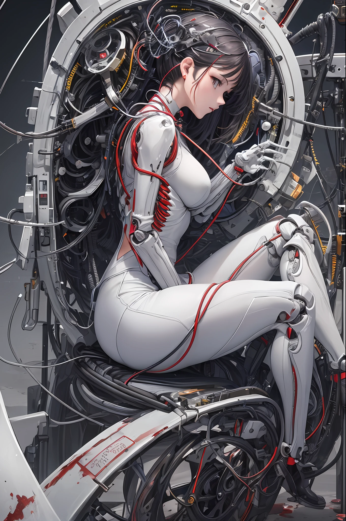 (((masterpiece))), (((best quality))), ((ultra-detailed)), (highly detailed CG illustration), ((an extremely delicate and beautiful)),(from side),cinematic light,((1mechanical girl)),solo,full body,(machine made joints:1.2),((machanical limbs)),(blood vessels connected to tubes),(mechanical vertebra attaching to back),((mechanical cervial attaching to neck)),(sitting),expressionless,(wires and cables attaching to neck:1.2),(wires and cables on head:1.2)(character focus),science fiction,extreme detailed,colorful,highest detailed