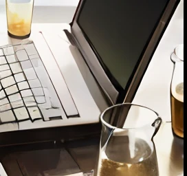 There is a glass of water next to the laptop, stunning visuals, Professional photo, author:Jesper Knudsen, thumbnail, Very detailed », booze, !!Award-winning!!, schnapps, vintage art, istockphoto, laptop, unwind!, screen shot, Illustrator, Drinking, C 12.0, illustration », Viral image --auto