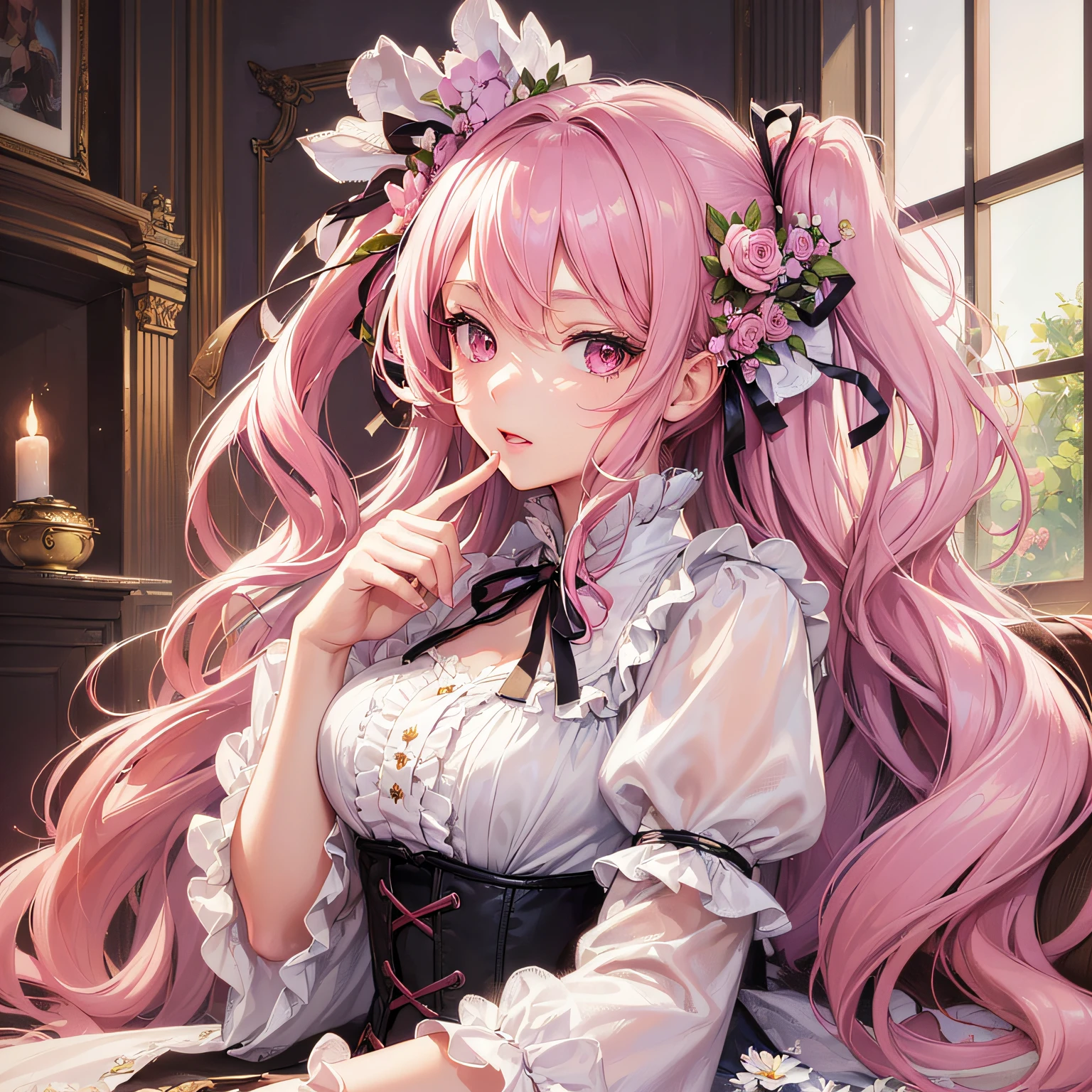 Long pink hair,blue colored eyes,A tranquil,book,A high resolution,Need,Super beautiful