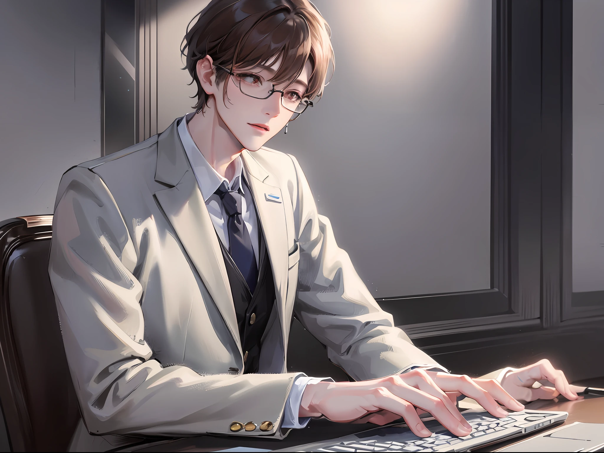 (HD, ultra-fine CG picture, best picture quality, fidelity), (best light and shadow effect, very delicate and beautiful), study, white desk, young man with glasses, white suit, tie, premium laptop, bright background lighting, entrance and exit doors, plenty of bright light.