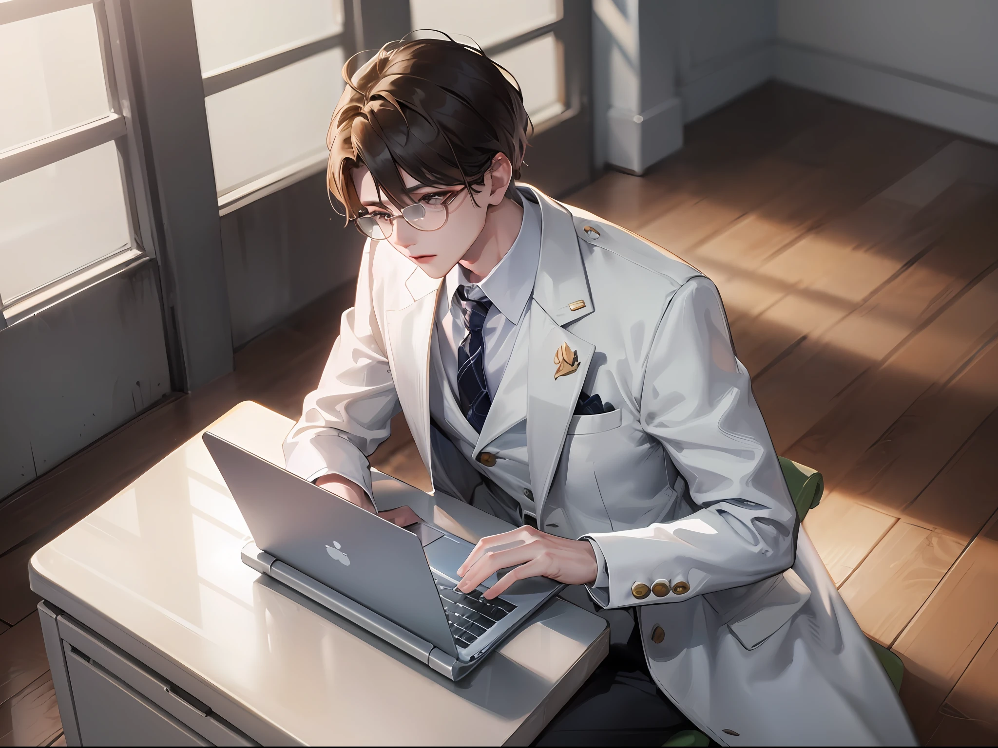 (HD, ultra-fine CG picture, best picture quality, fidelity), (best light and shadow effect, very delicate and beautiful), study, white desk, young man with glasses, white suit, tie, premium laptop, bright background lighting, entrance and exit doors, plenty of bright light.