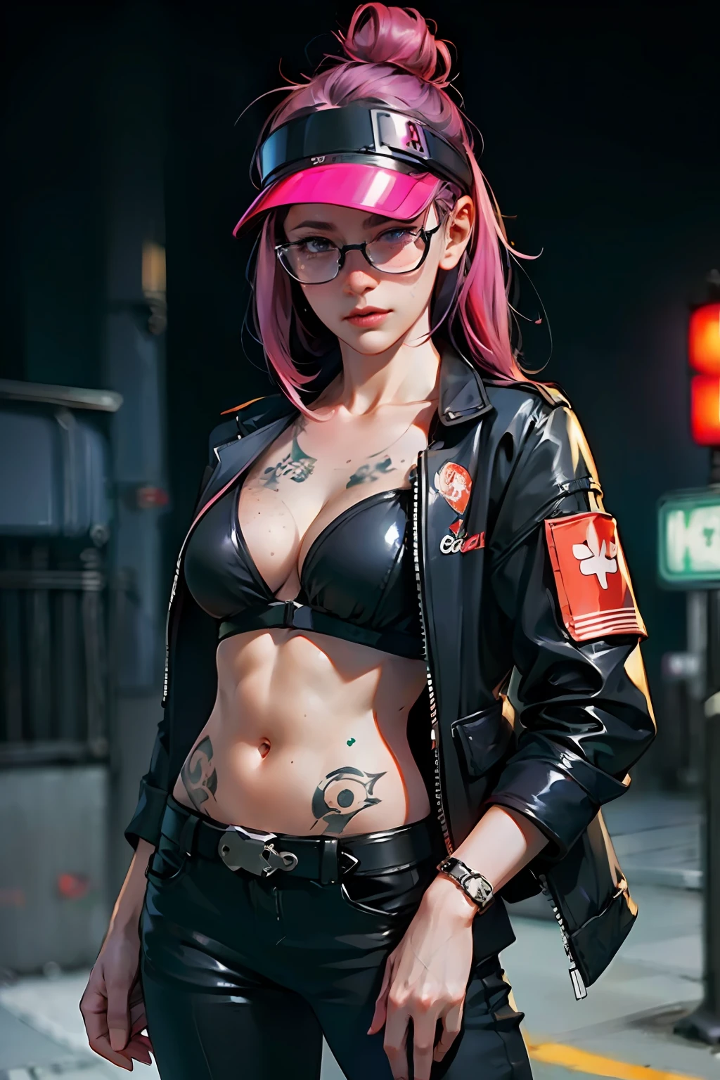 ((Best Quality)), ((Masterpiece)), ((glasses)), militar pants, mature, perfect eyes:1.2, woman face, big breasts, detailed eyes:1.4, ((freckles)), woman, hightech visor, visor, high tech, hacker, irezumi, tattoo, techwear, headphones, messy hair, multicolored hair, purple hair, black jacket, gradient hair, leather clothes, (High Definition:1.3), 3D, Beautiful (Cyberpunk:1.3), Colored hair, militar, black clothes looking at camera, hacker woman, neo tokyo