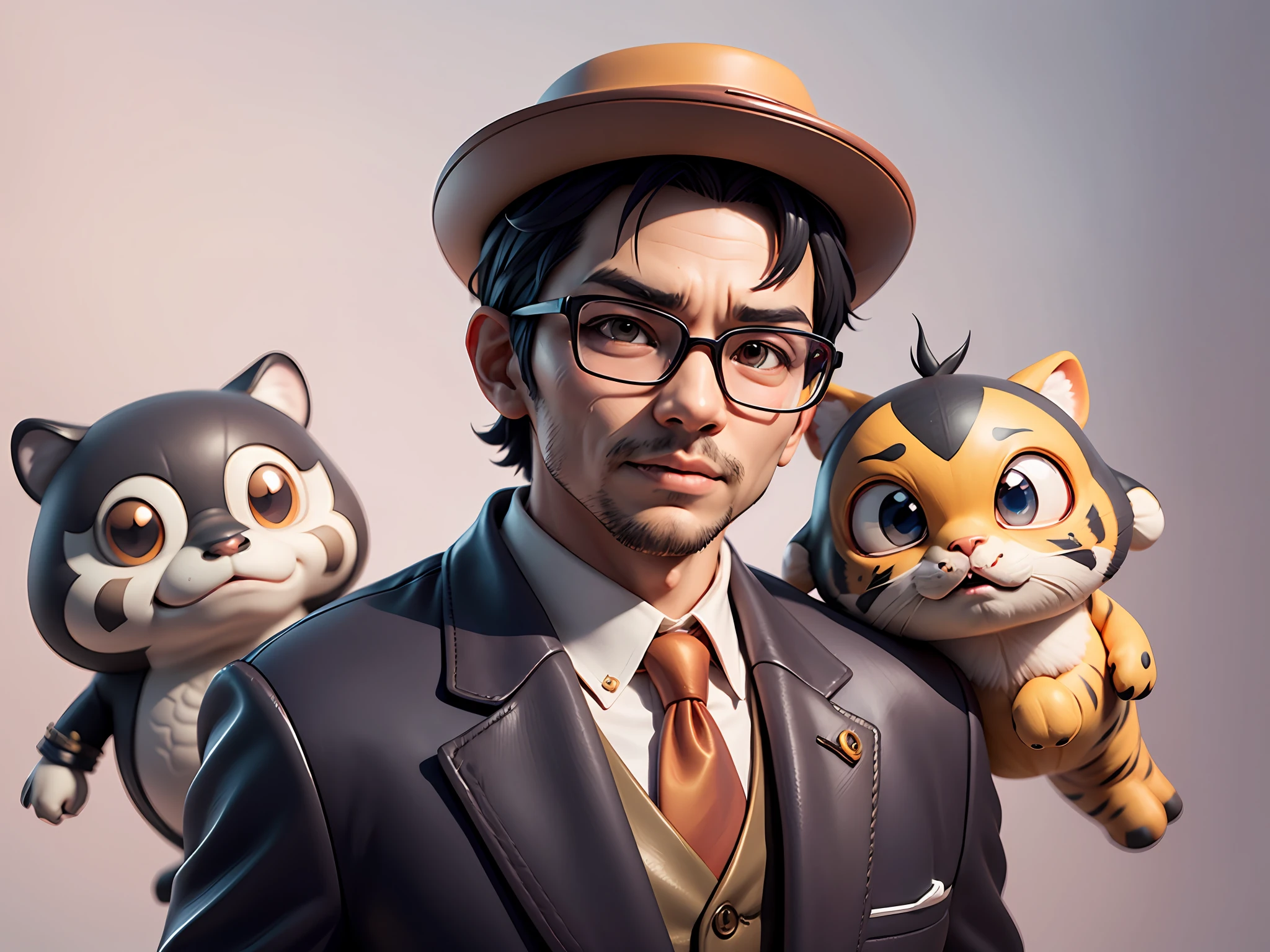 Young man with oriental face in leather hat, tiger, oriental face in formal suit, short black hair, silver glasses, digital painting, 3D character design by Mark Clairedon and Pixar and Hayao Miyazaki and Akira Toriyama, the illustration is a high-definition illustration in 4K resolution with very detailed facial features and cartoon-style visuals.