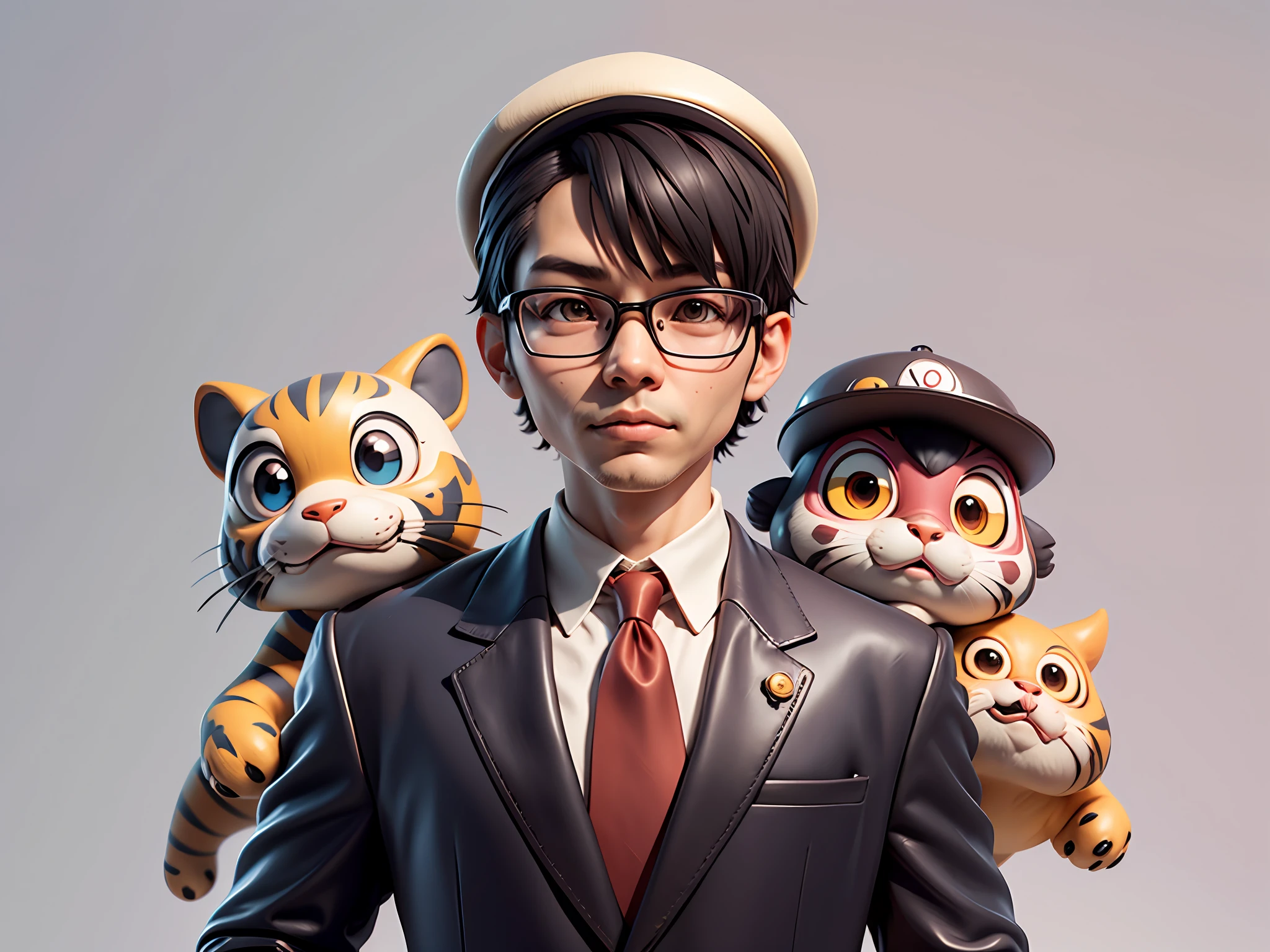 Young man with oriental face in leather hat, tiger, oriental face in formal suit, short black hair, silver glasses, digital painting, 3D character design by Mark Clairedon and Pixar and Hayao Miyazaki and Akira Toriyama, the illustration is a high-definition illustration in 4K resolution with very detailed facial features and cartoon-style visuals.
