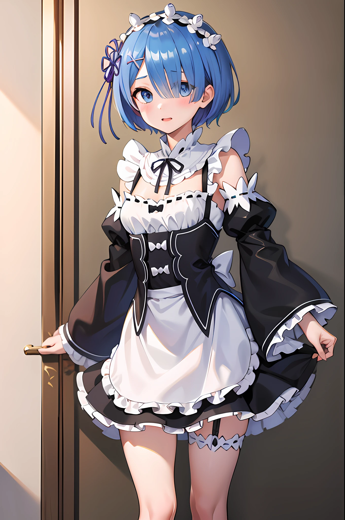 ​masterpiece, top-quality, Hi-Res, REM 1, 1girl in, 独奏, Remu\(re:Zero\), Blue hair, white thighhig, shorth hair, blue eyess, Hair above one eye, Ribbon Trim, Hair Ribbon, X Hair Ornament, frilld, Maid Headdress, waist apron, garter strap, Black ribbon, small tits, long-sleeve, White apron, Ribbon around the neck, Purple ribbon, Wide sleeves, flower in hair,