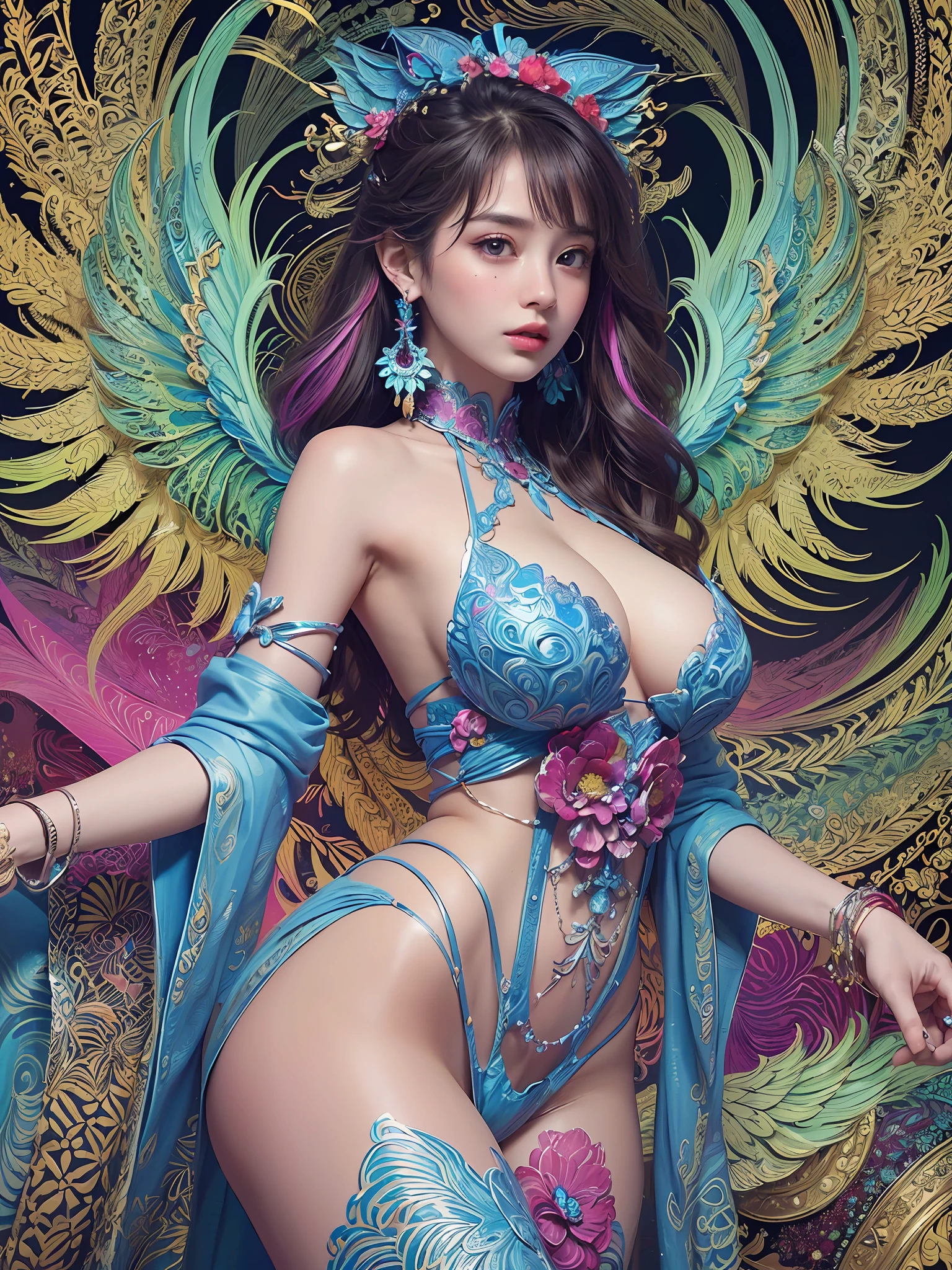 (Top quality, Best quality, offcial art, Beautiful and aesthetic:1.2), (((large wings))),(1girll:1.3), Extremely detailed,(Fractal art:1.1),(Colorful:1.1),highest details,(zentangle:1.2), (Dynamic pose), (abstract backgrounds:1.5), (Japanese dress:1.2), (Shiny skin), (many color:1.4), ,(Earrings:1.4),Clear facial features,Beautiful eyes,((full bodyesbian)),Slim figure,
