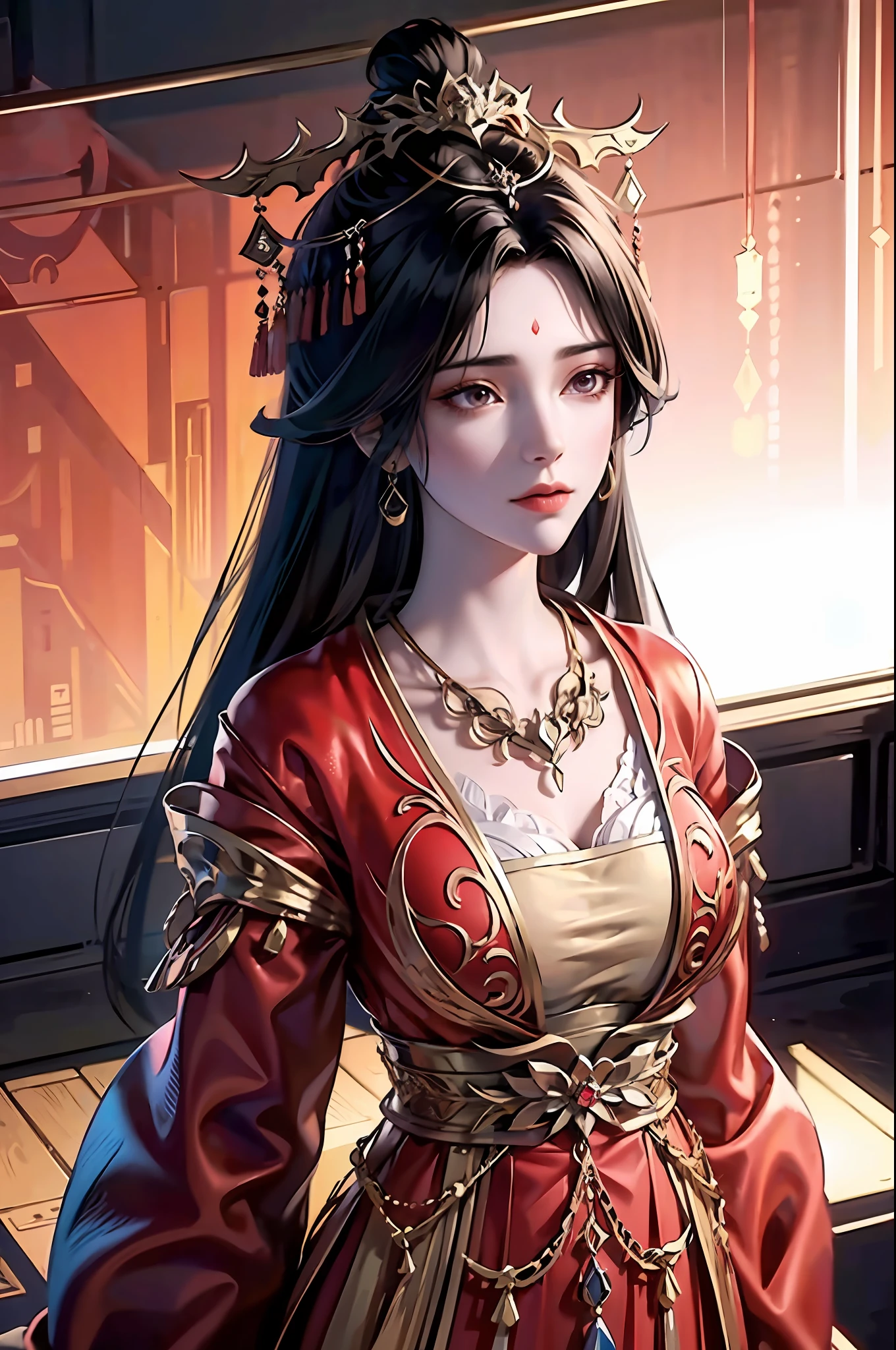 （tmasterpiece，top Quority，best qualtiy，offcial art，Beautiful and aesthetic：1.2），（1girl），Extremely detailed，Colorful，highestdetailed，offcial art，统一 8k 壁纸，ultra - detailed，Beautiful and aesthetic，big breasts beautiful，tmasterpiece，best qualtiy, long whitr hair，（a color），Ancient Chinese clothes，Western Regions clothing，gossamer，gold chains，red color Hanfu，Phnom Penh embroidery, (zentangle, mandala, tangle, entangle) , yuechan_wedding_lothes,